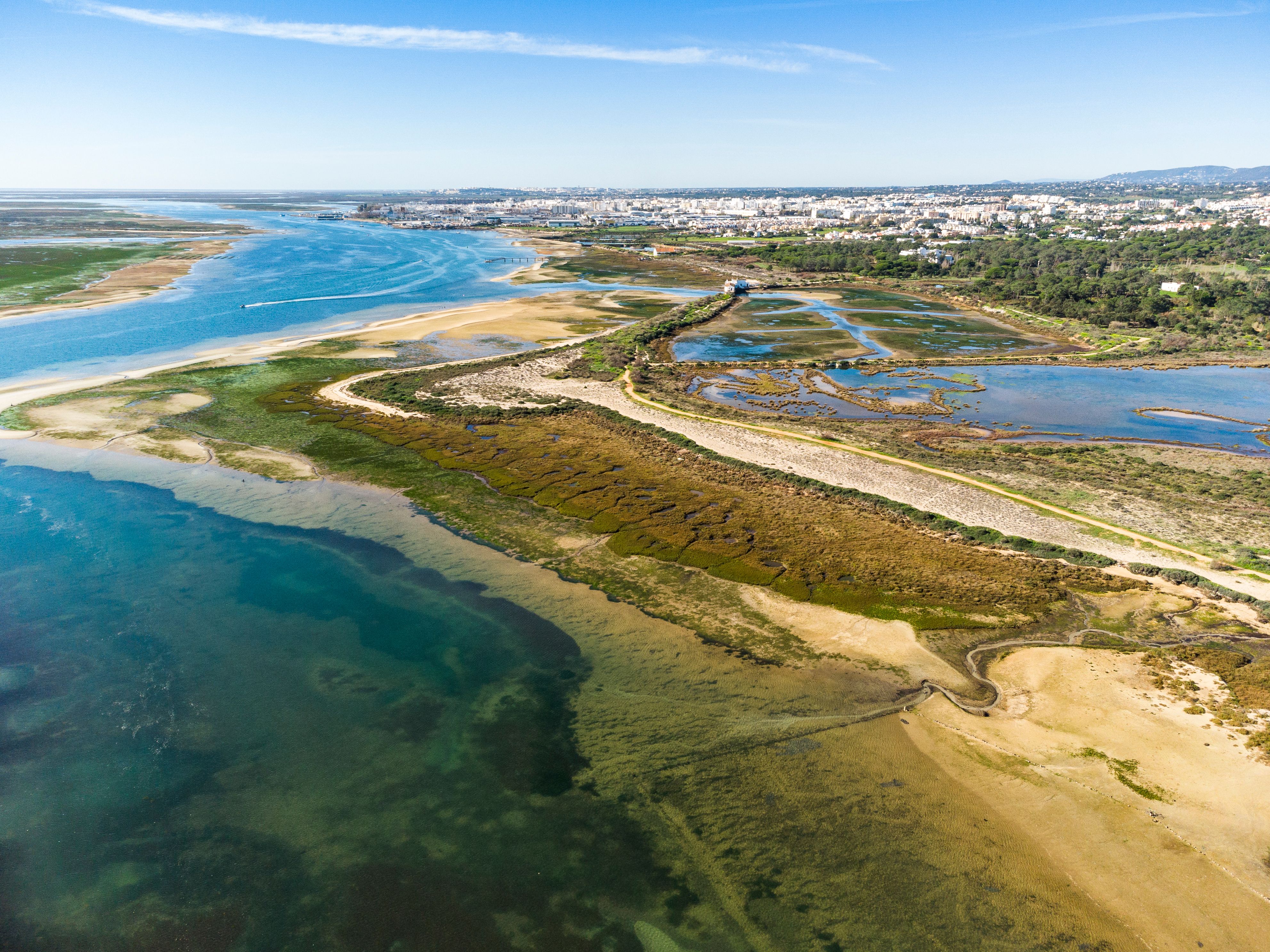 Aerial view of Ria Formosa Natural Park and town of Olhao, Algarve, south of Portugal