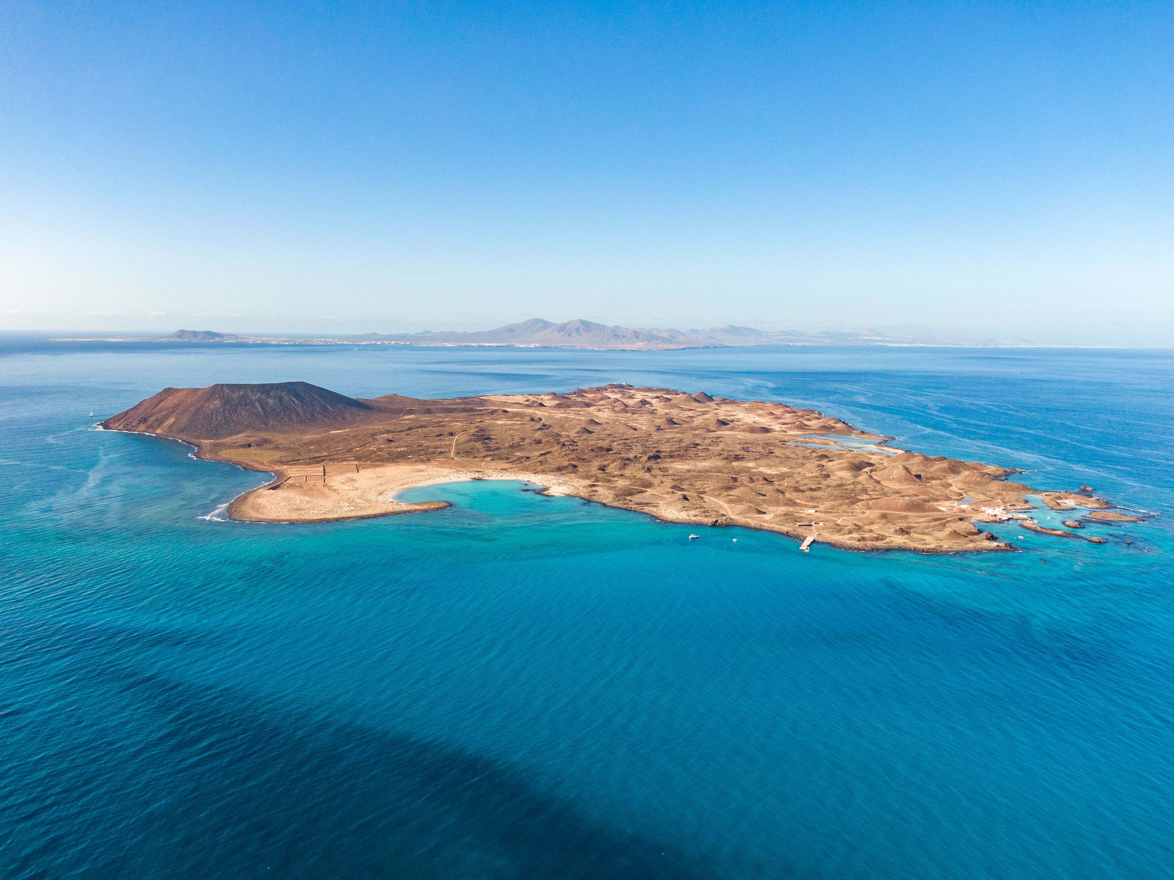 An aerial view of the Isla de Lobos - a small uninhabited island off the coast of Fuerteventura