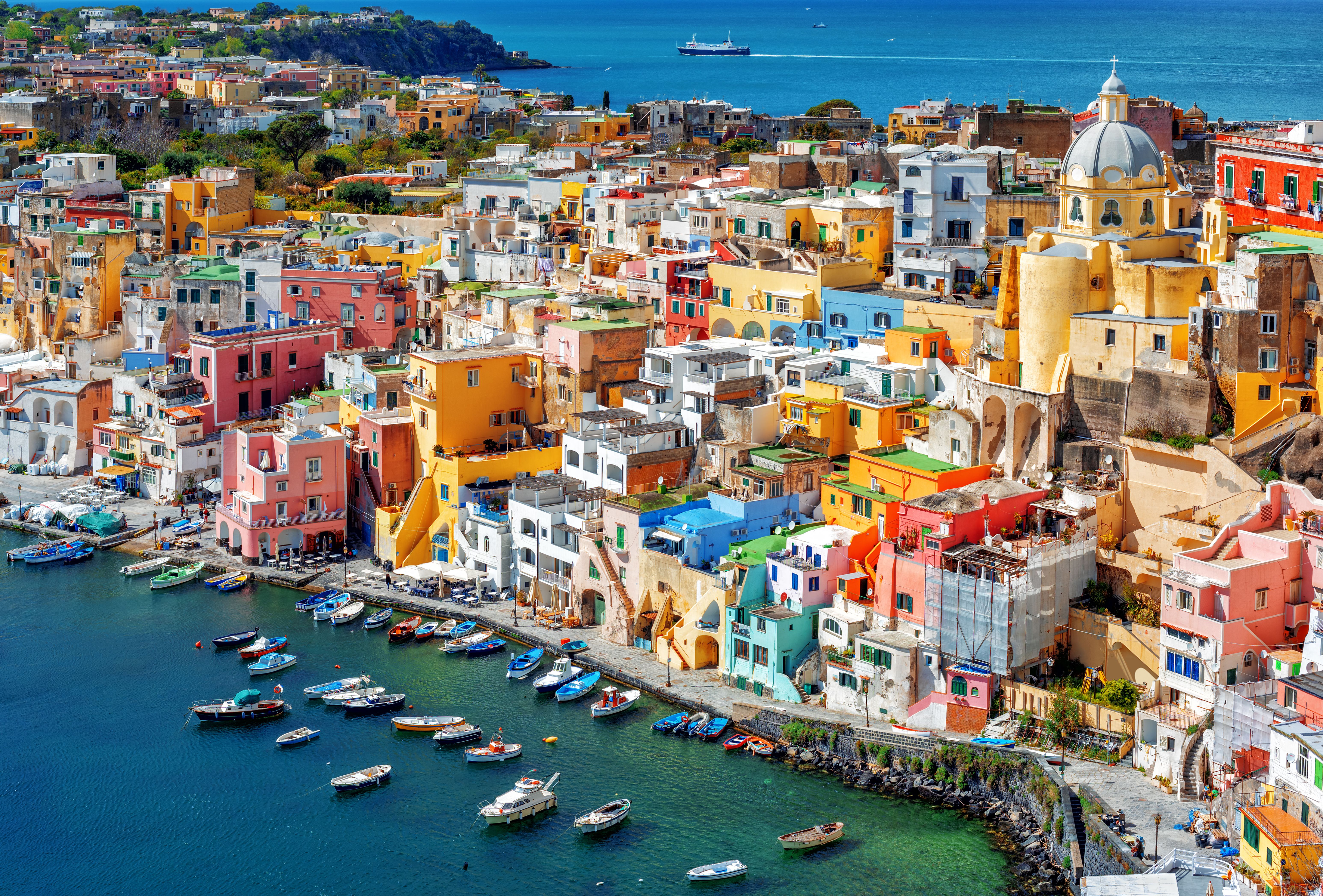 Colourful traditional houses in the Old town port of Procida island, Italy