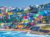 A view of colourful stacked houses on Puerto Rico's coast, the Caribbean