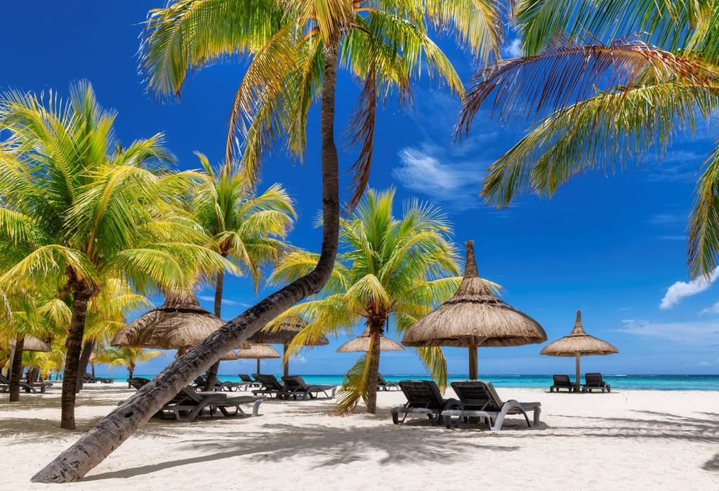A view of a tropical white sand beach with palm trees and straw umbrellas in Mauritius with bright blue sky