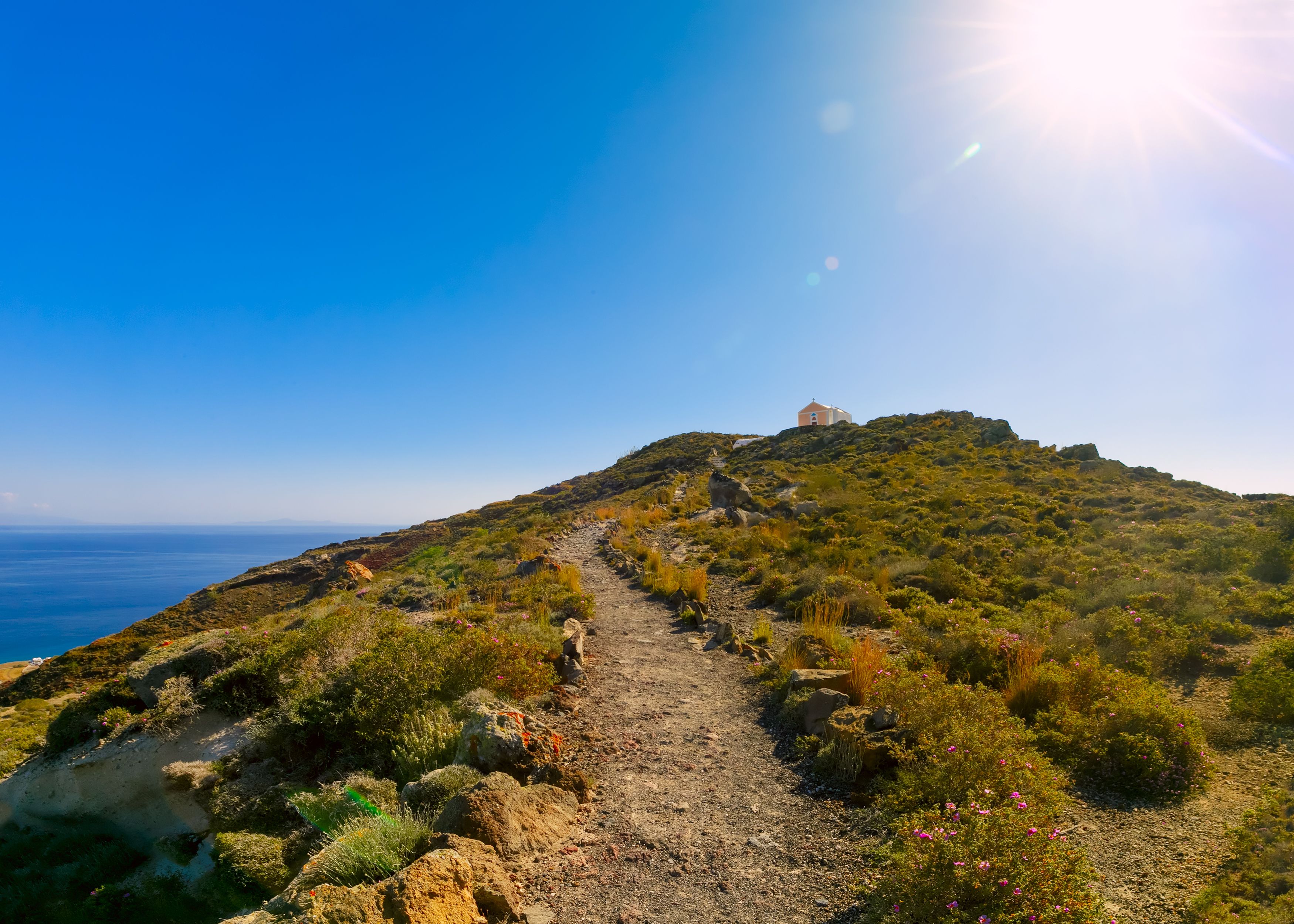A coastal hiking trail from Oia to Fira in Santorini, Greece