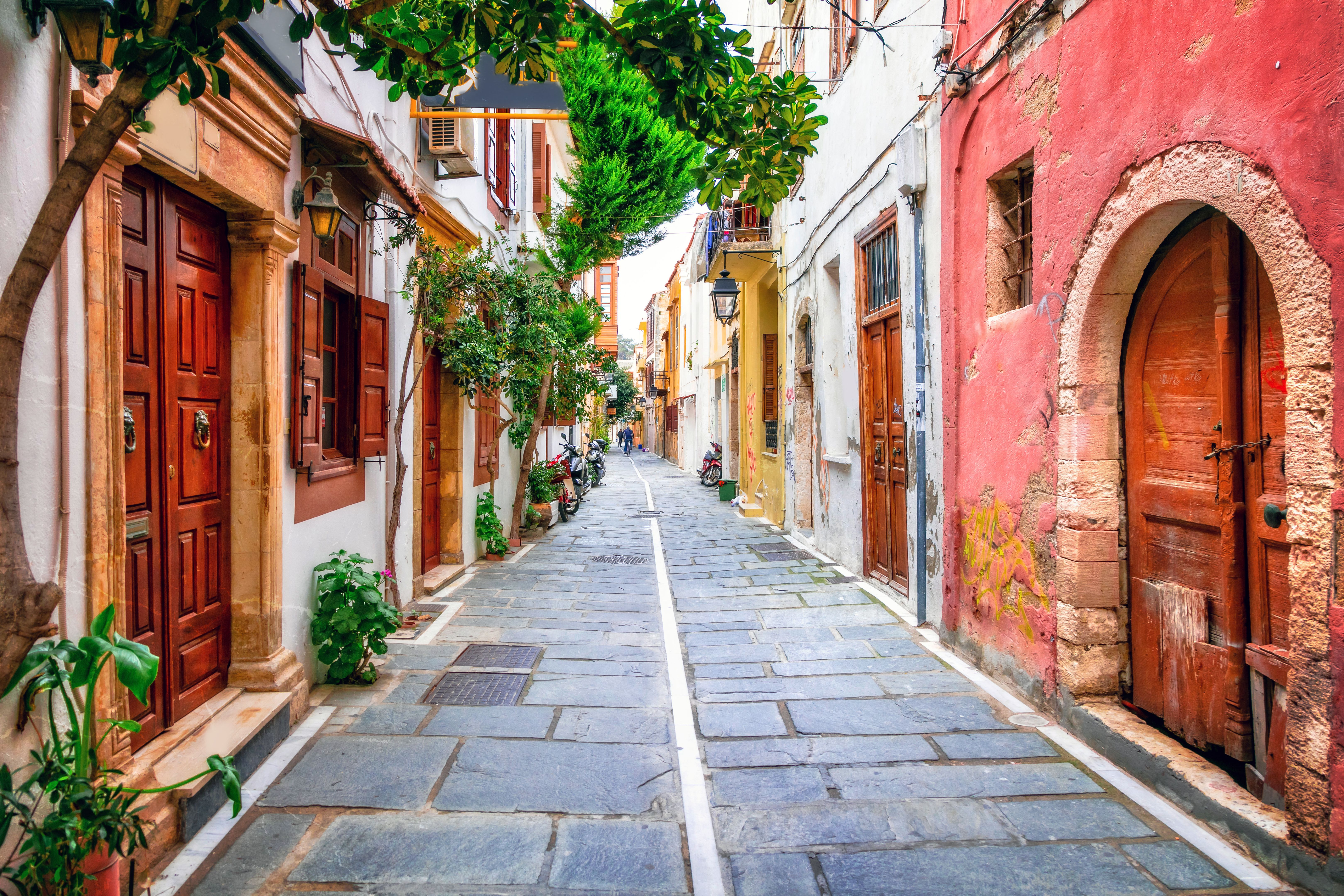 A view of a colourful street in Rethymno Old Town, Crete, Greece