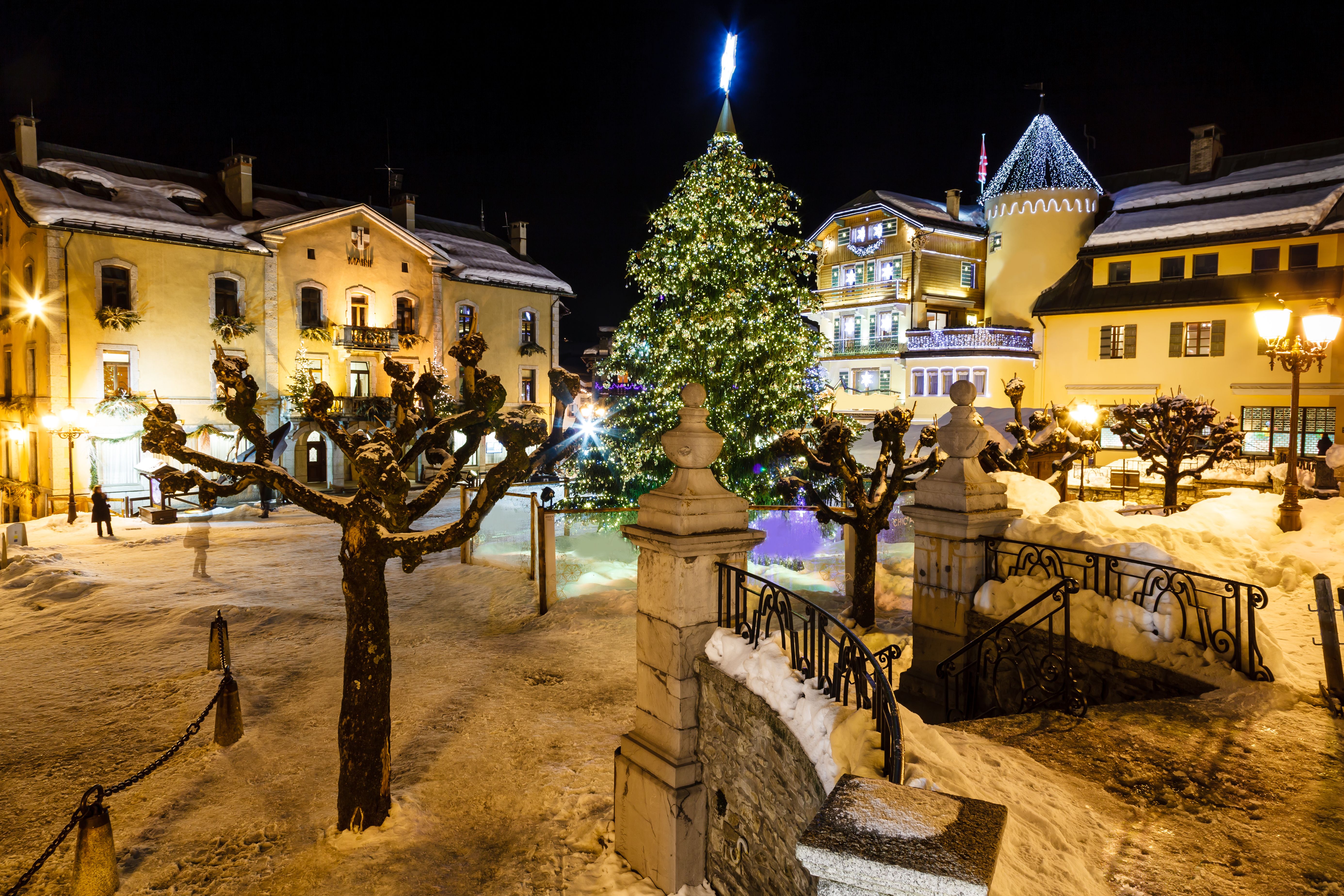 Illuminated Central Square of Megeve on Christmas Eve in the French Alps