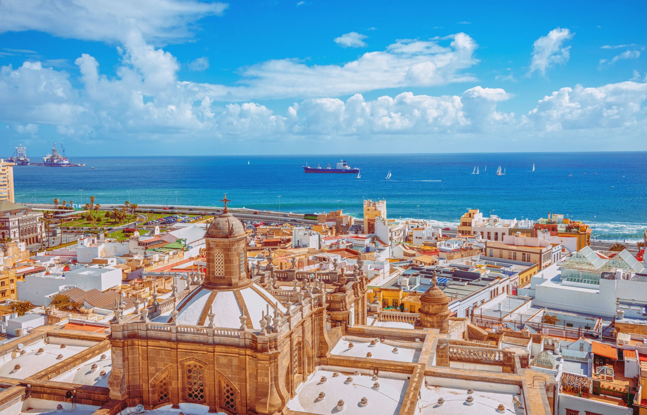 Aerial view over the old town and waterfront of Las Palmas in Gran Canaria.