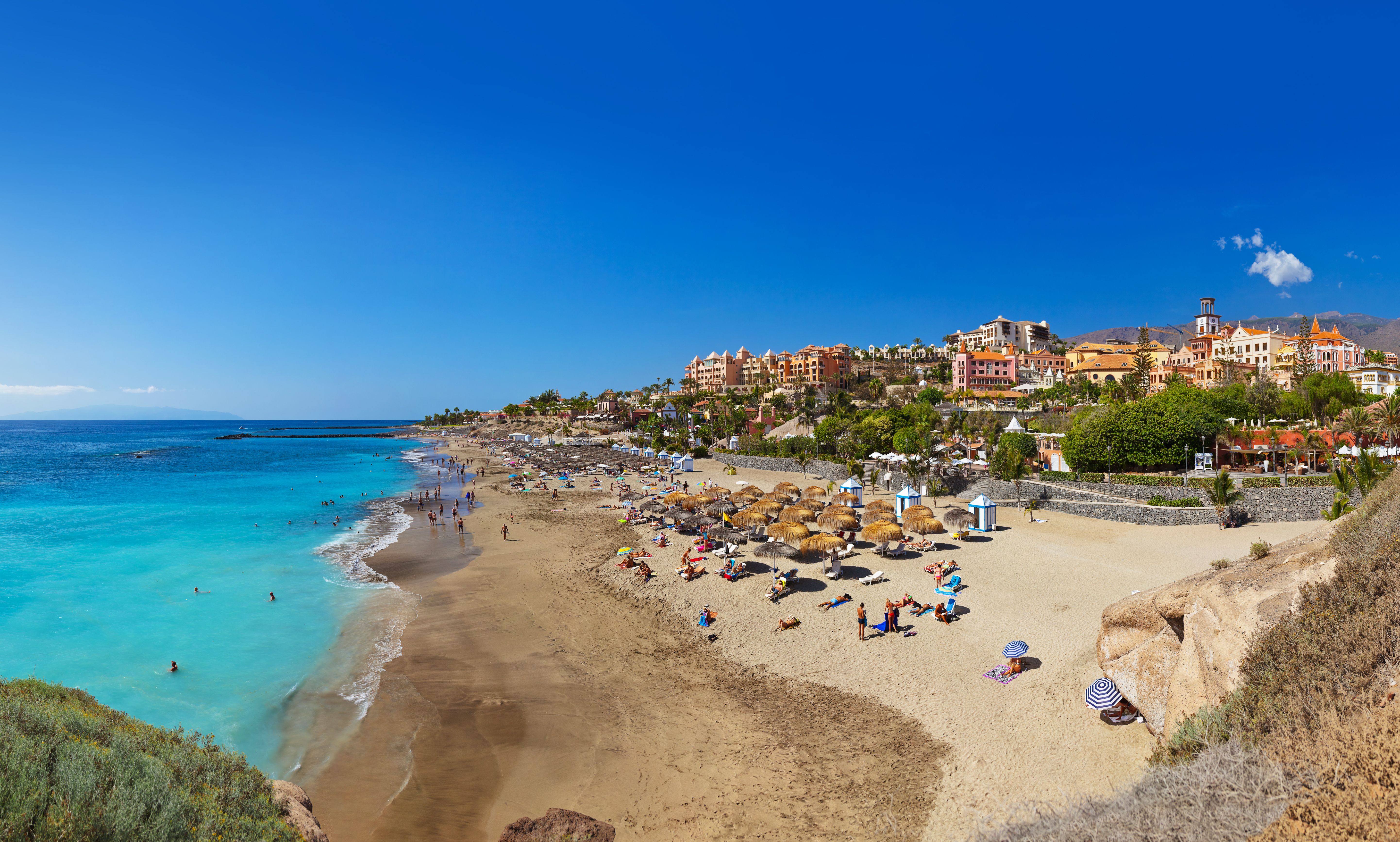 An aerial view of Playa de las Americas beach and resort in Tenerife