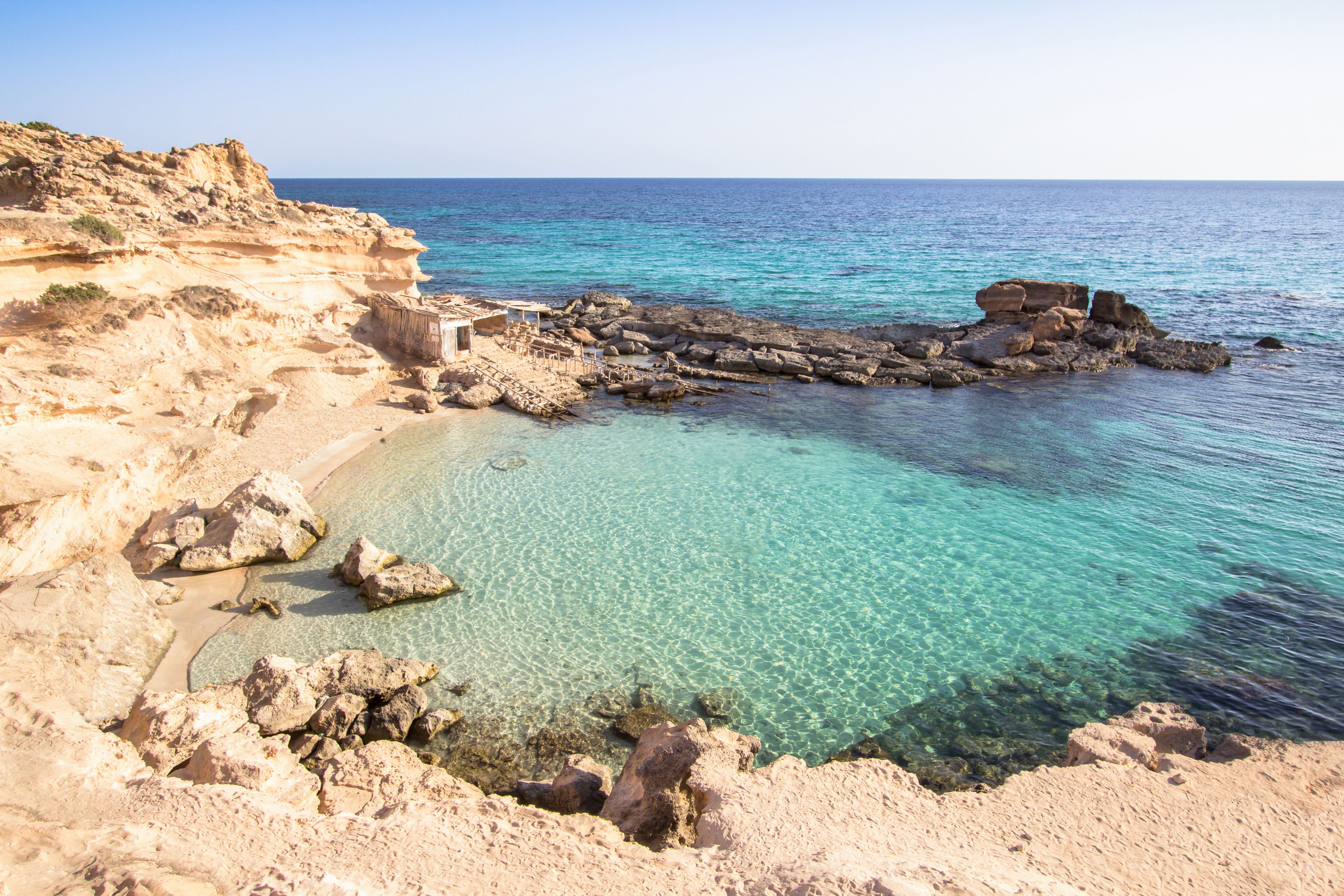 View of Es Calo des Mort beach in Formentera