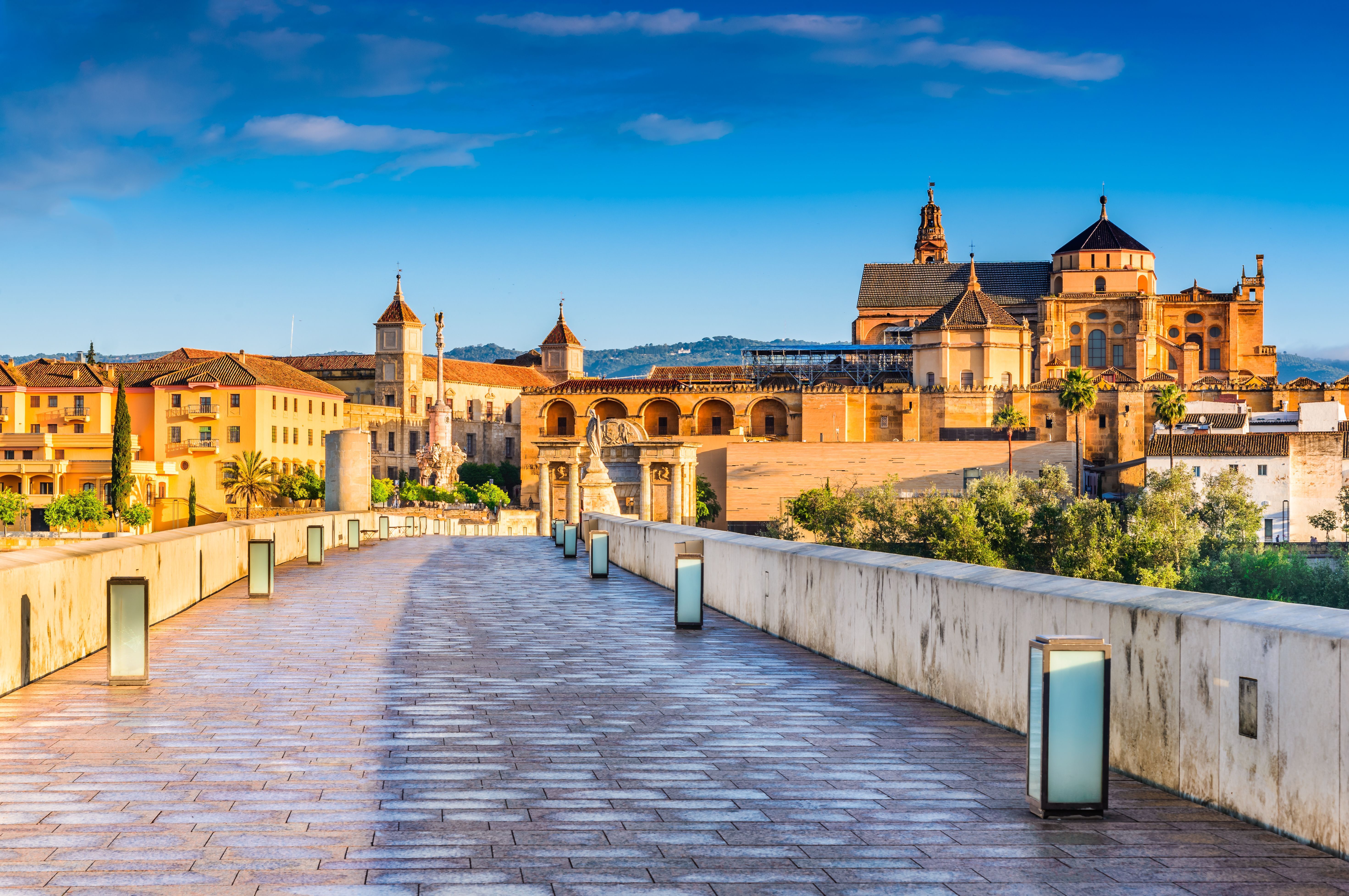 View of the Roman Bridge and Great Mosque in Cordoba in Spain