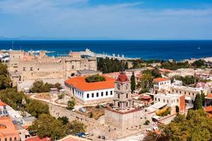 A rooftop view of Rhodes old town in Greece