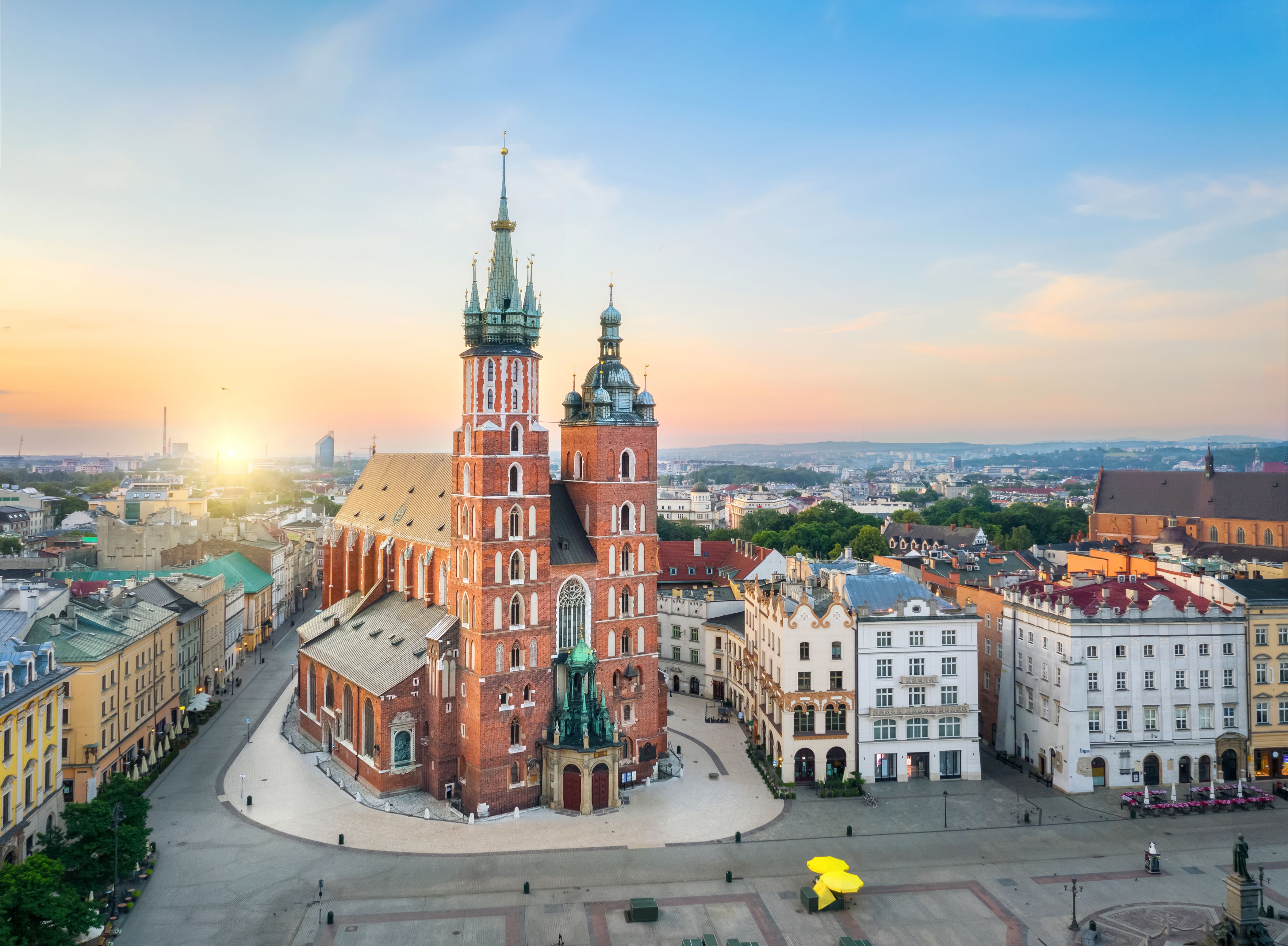 Aerial view of St. Mary's Basilica on sunrise in Krakow, Poland