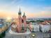 Aerial view of St. Mary's Basilica on sunrise in Krakow, Poland