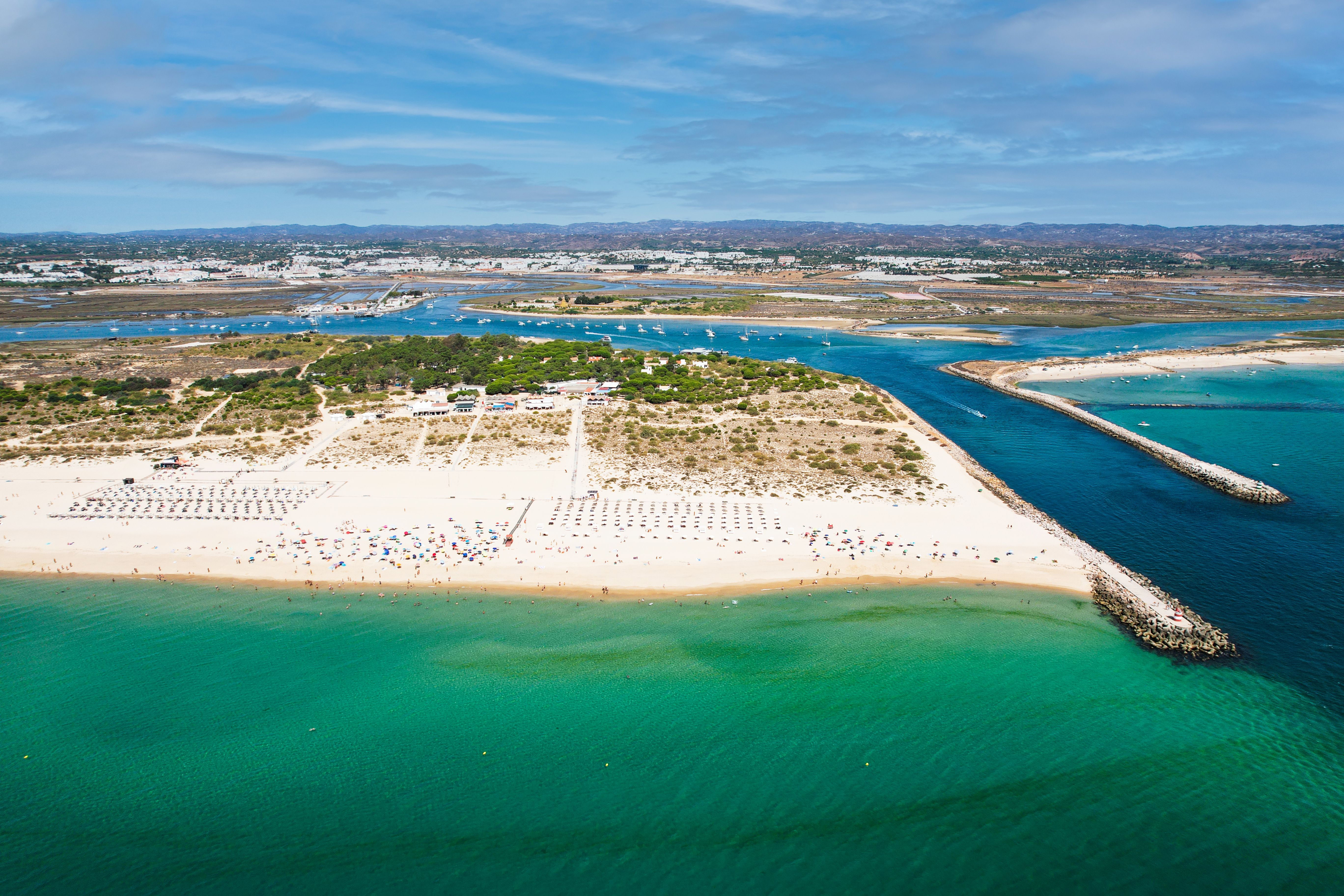 An aerial view of Tavira Island beach (Ilha de Tavira) in Portugal