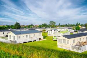 Aerial view of holiday homes in a holiday park in the UK on a sunny day