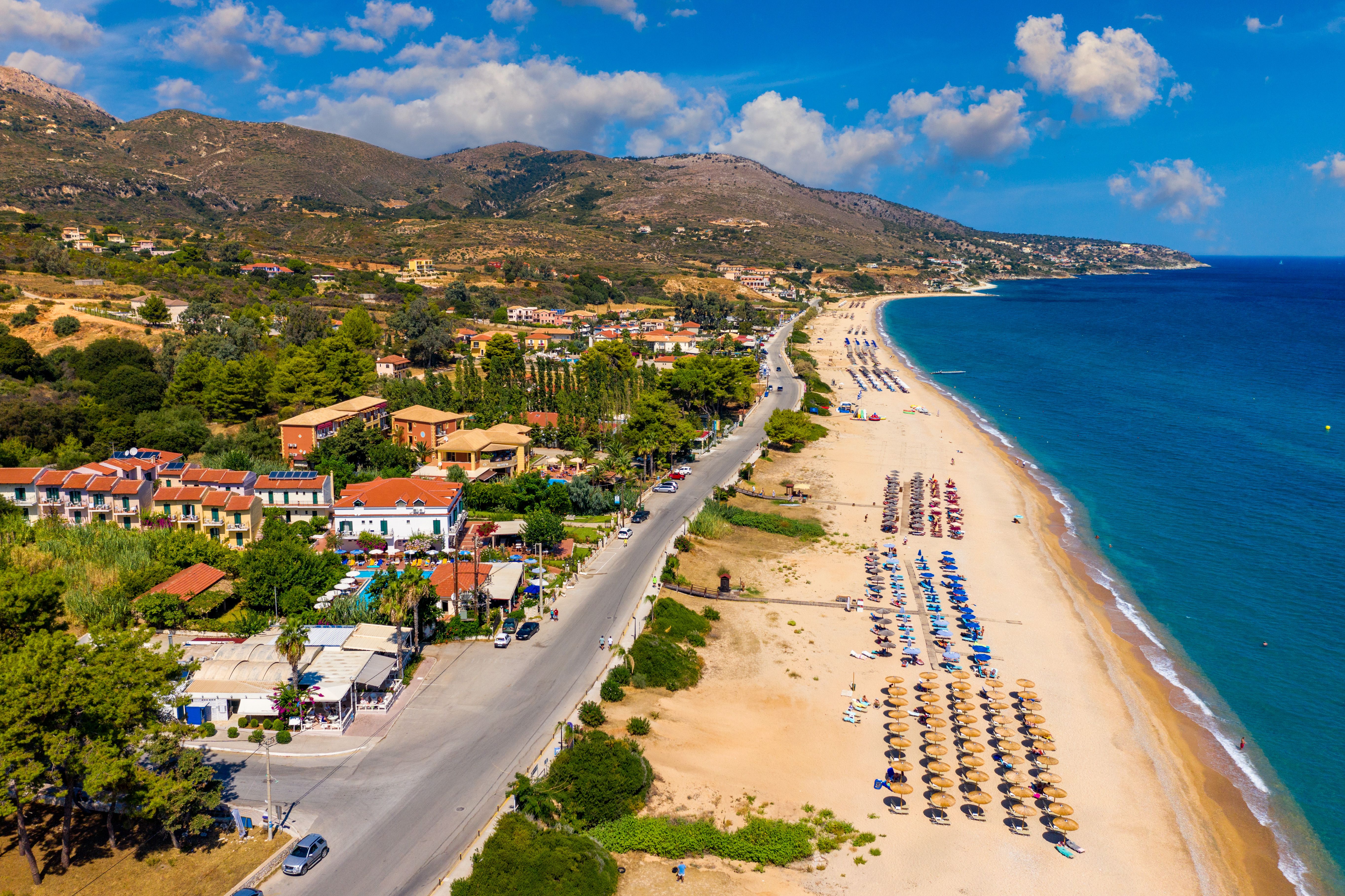 An aerial view of Skala beach and resort in Kefalonia, Greece