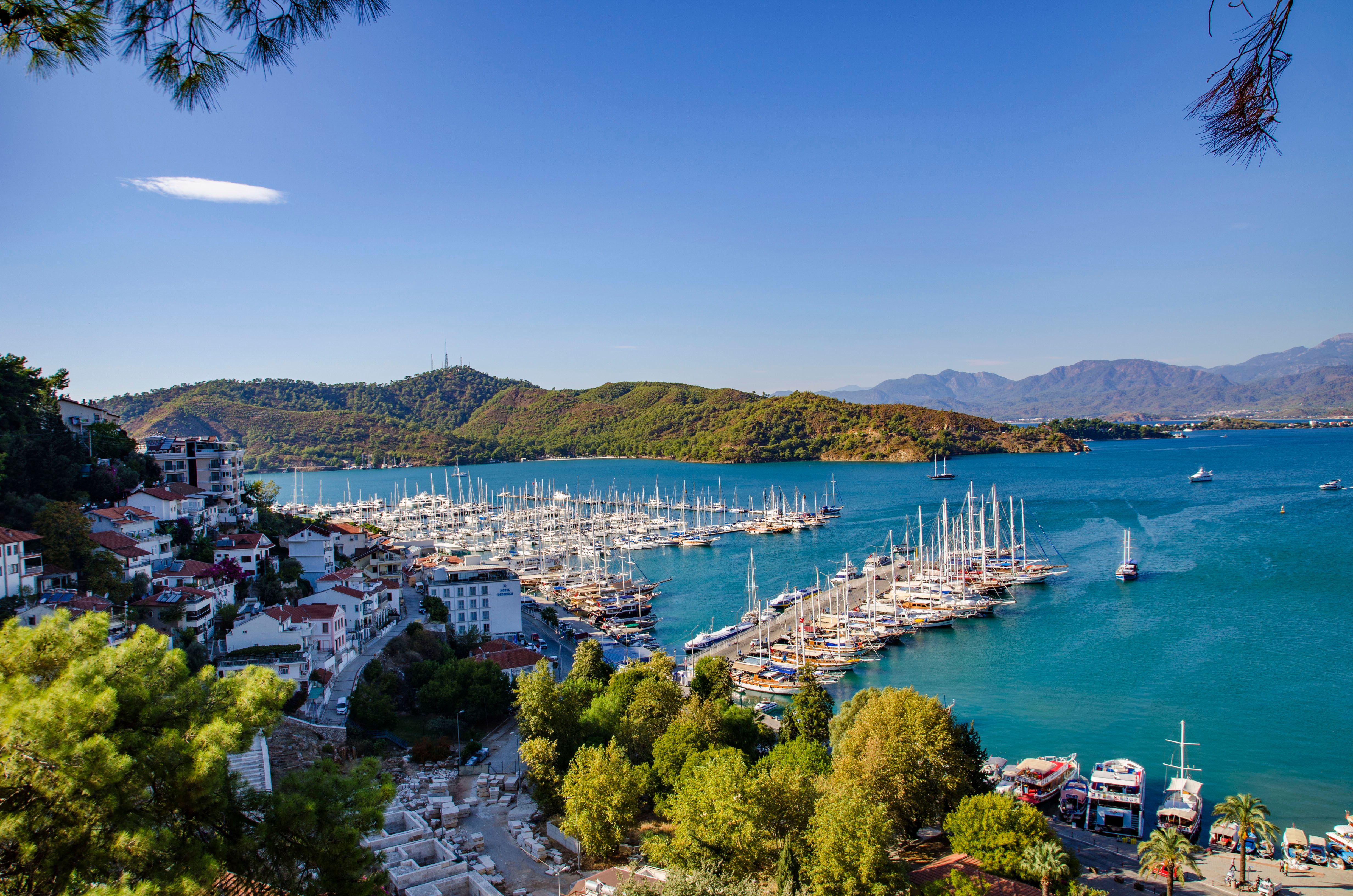 An aerial view of Fethiye marina in Turkey