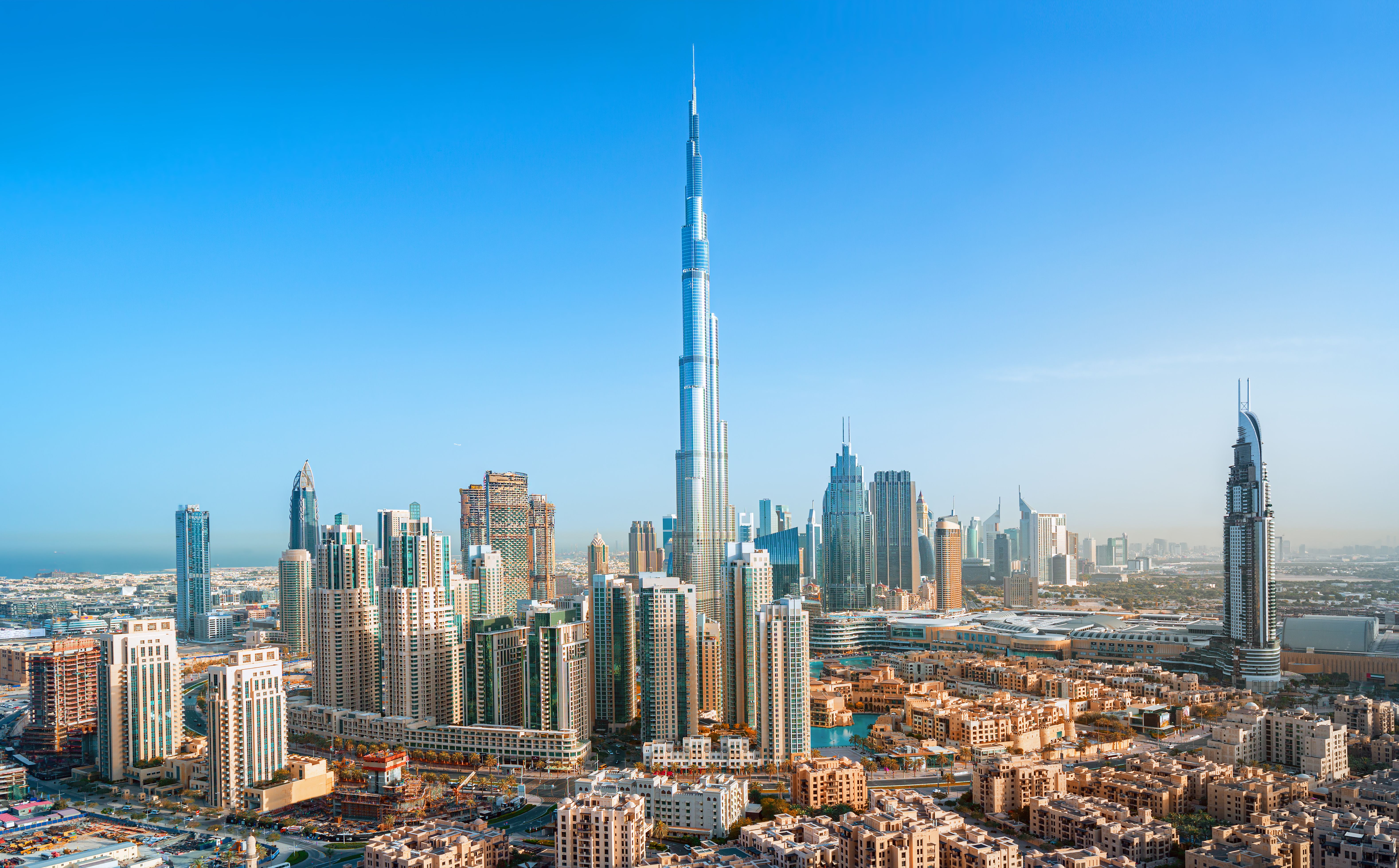 Aerial view of Dubai skyline with the Burj Khalifa