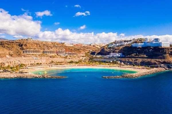 An aerial shot of Amadores beach on the Gran Canaria island in Spain