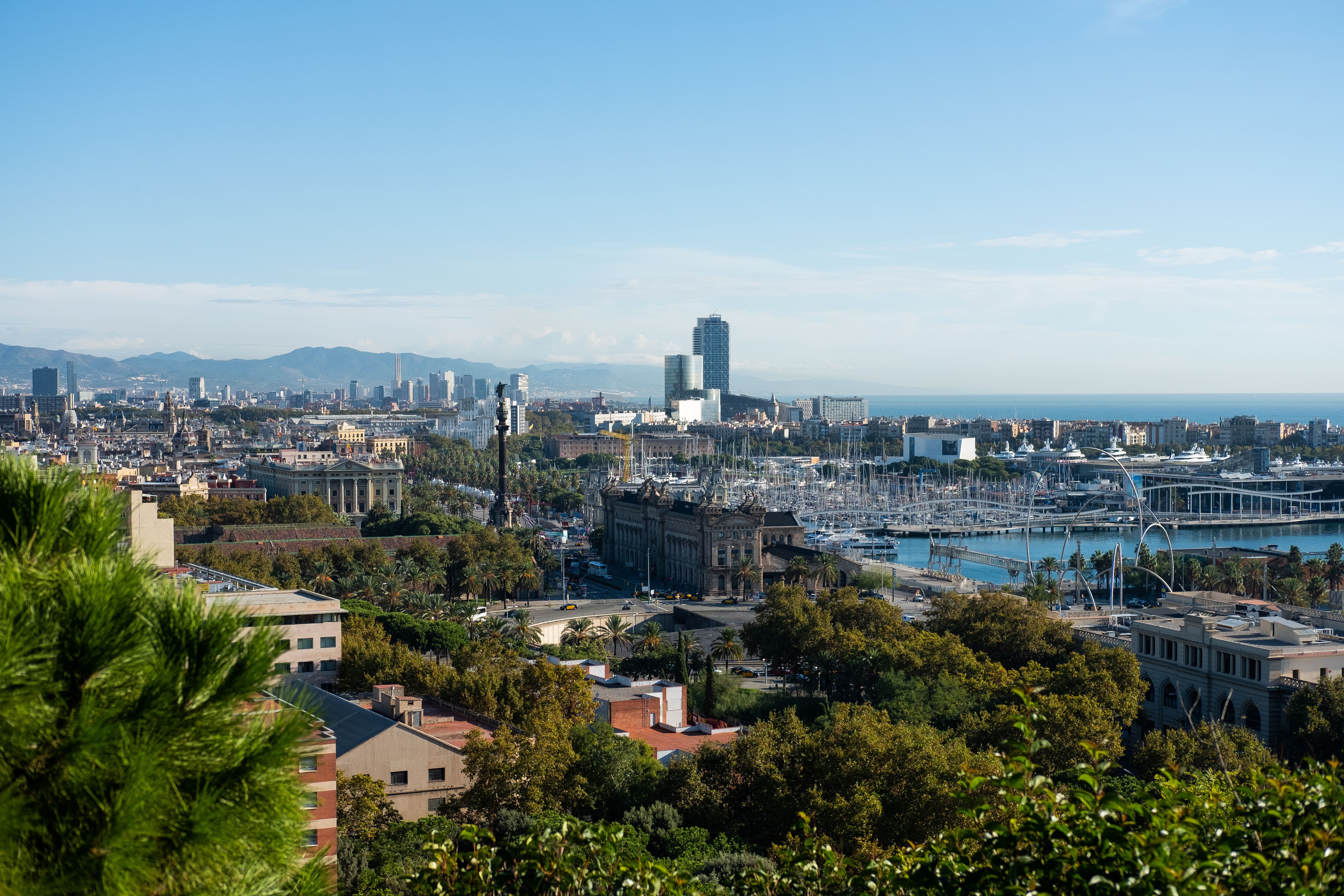 View of the El Poble-Sec neighbourhood in Barcelona on a bright blue day