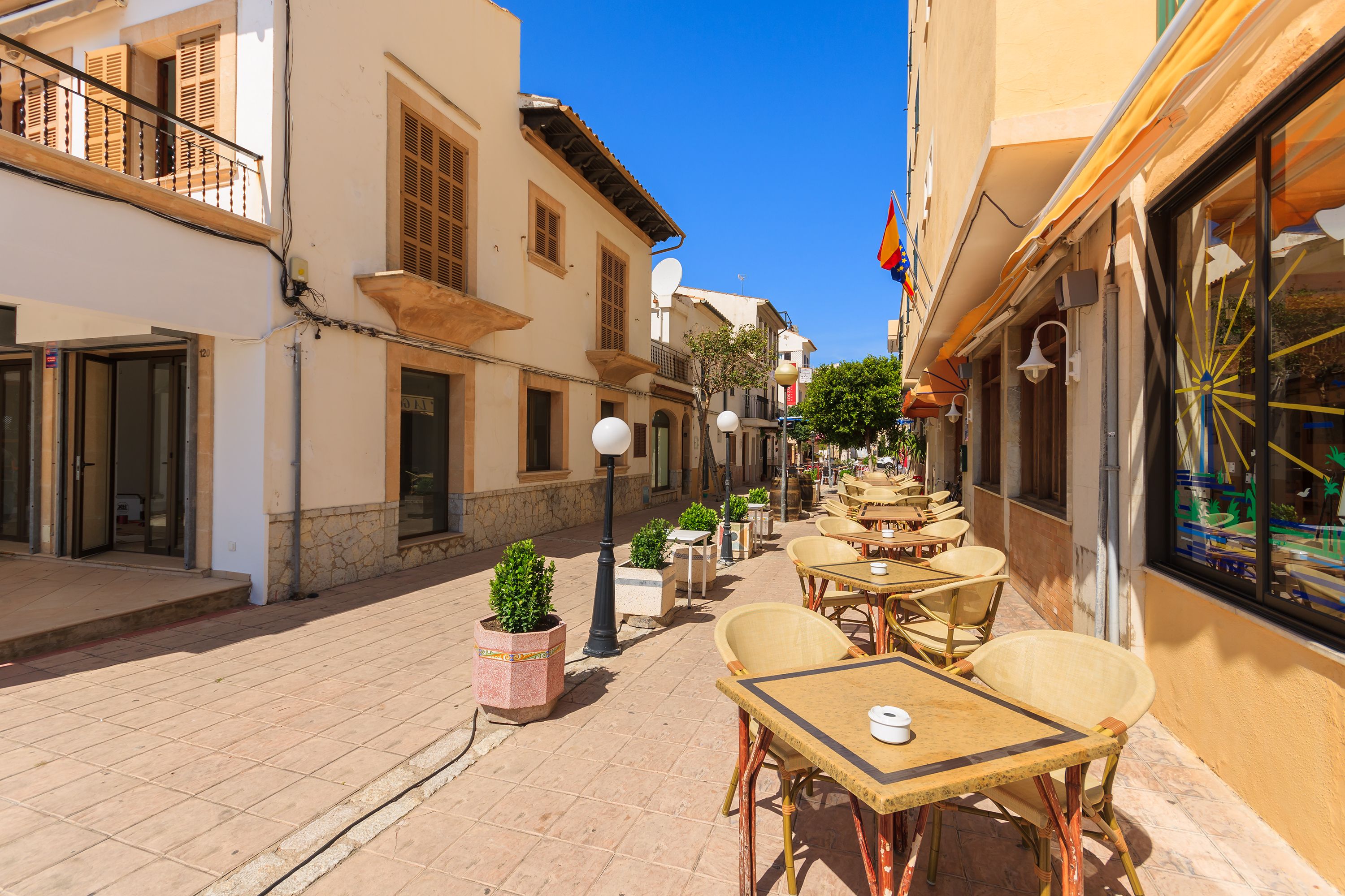 Restaurant tables in Port Pollenca old town in Majorca, Balearic Islands
