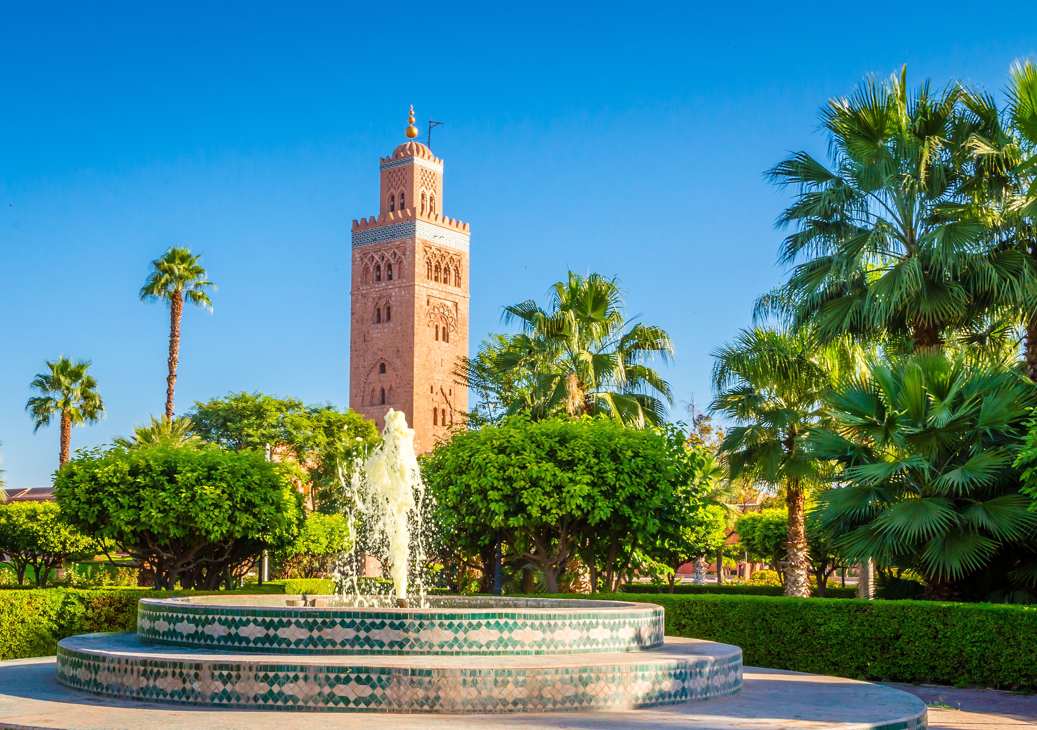 A view of the Koutoubia Mosque tower in Marrakesh, Morocco