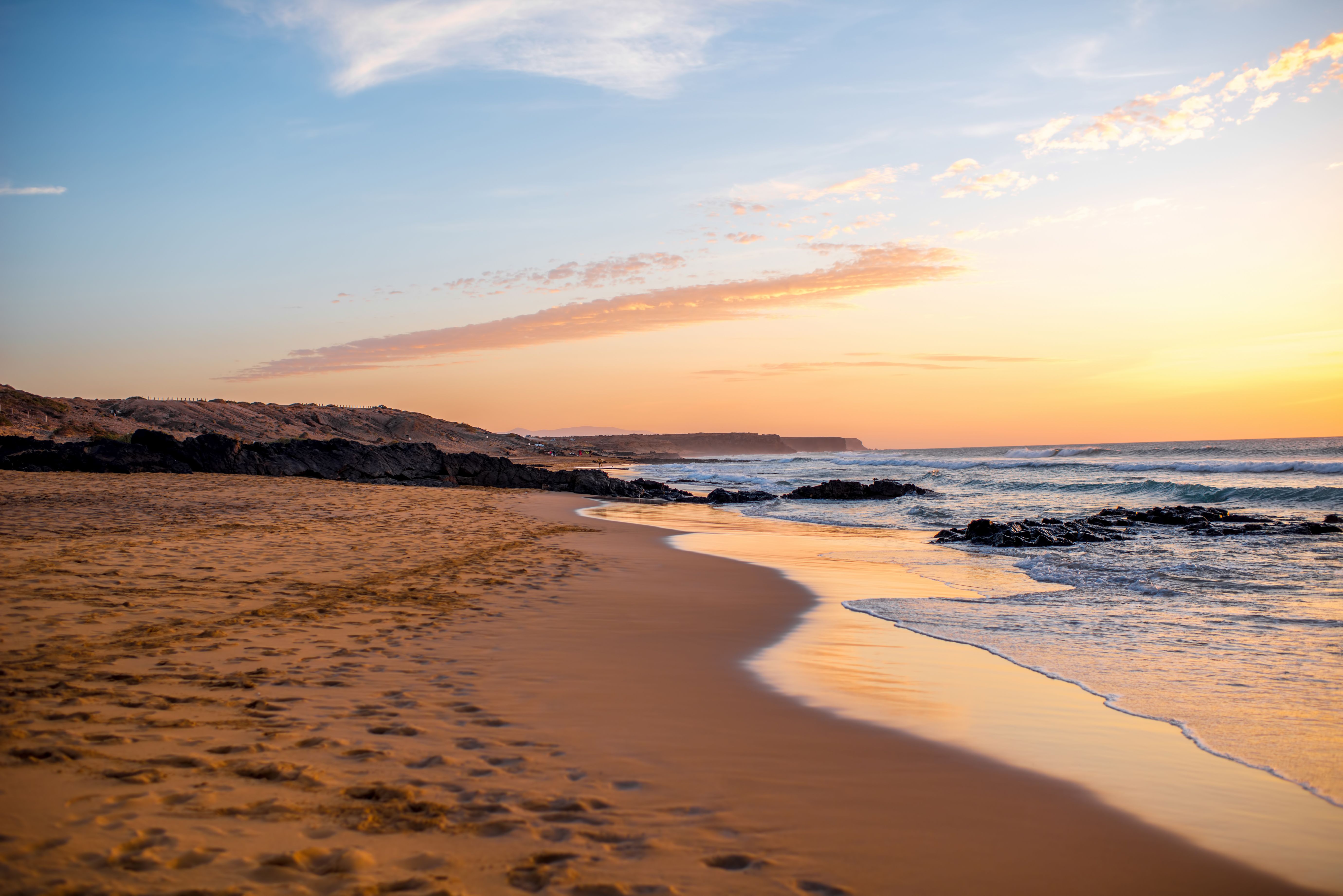 A sunset view of El Cotillo beach in Fuerteventura