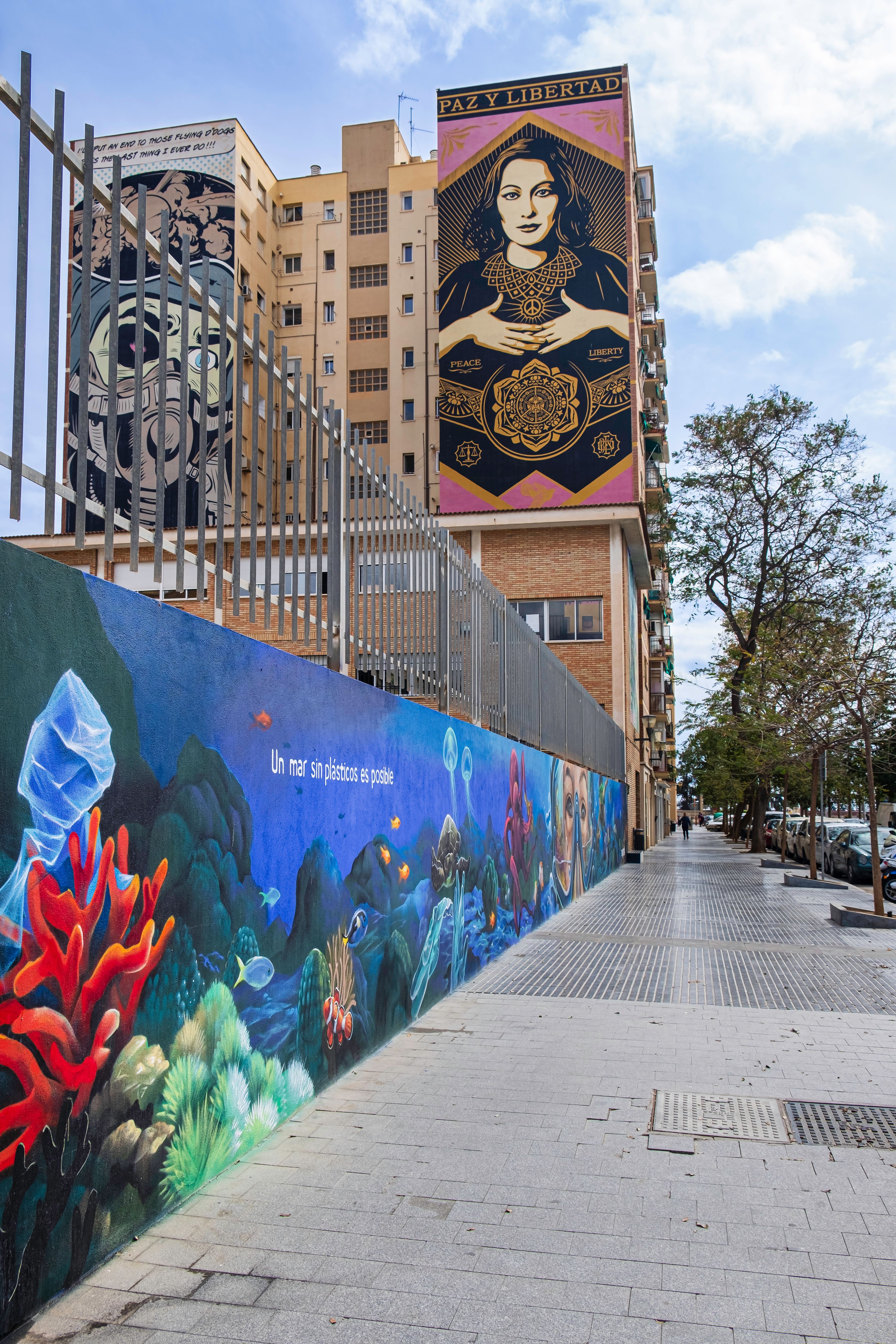 Large murals in Soho Málaga, a central neighbourhood in Malaga known for urban art.