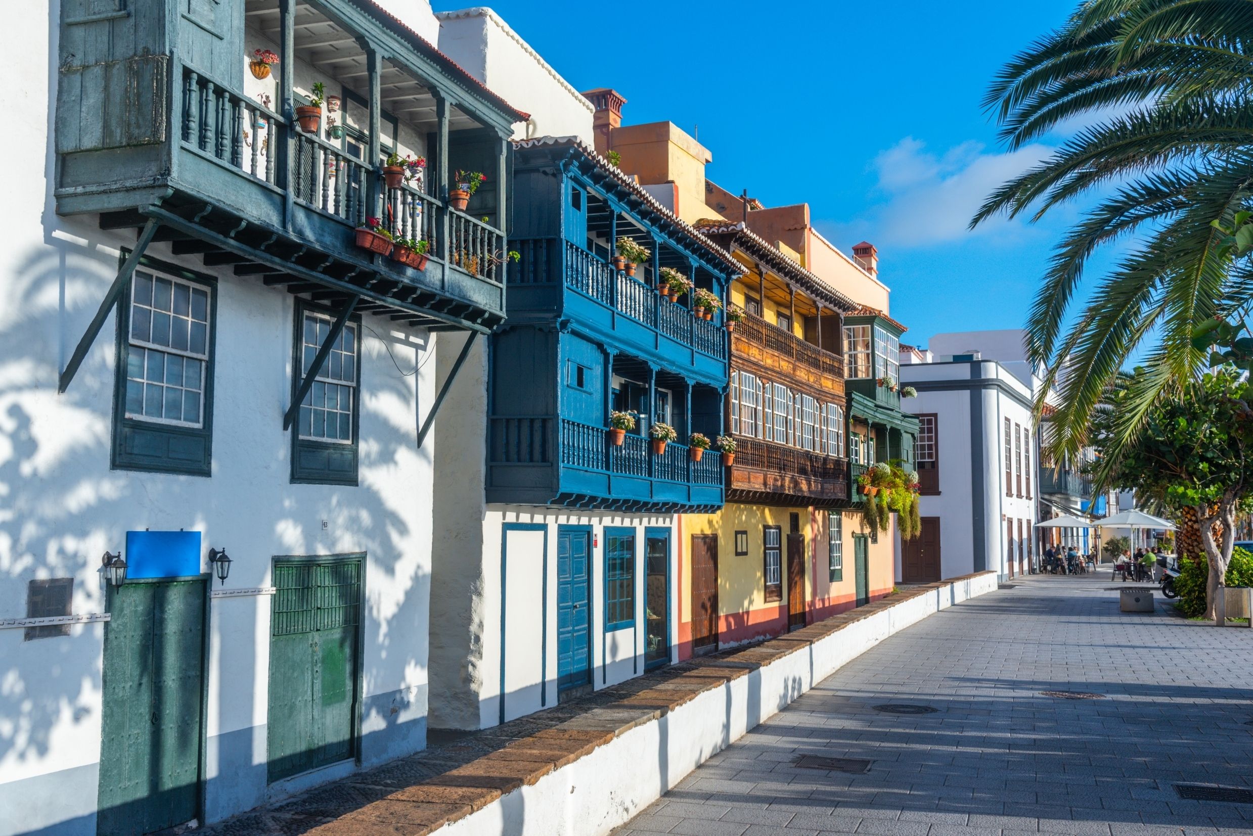 Traditional houses with wooden balconies in Santa Cruz de La Palma, La Palma, Canary Islands