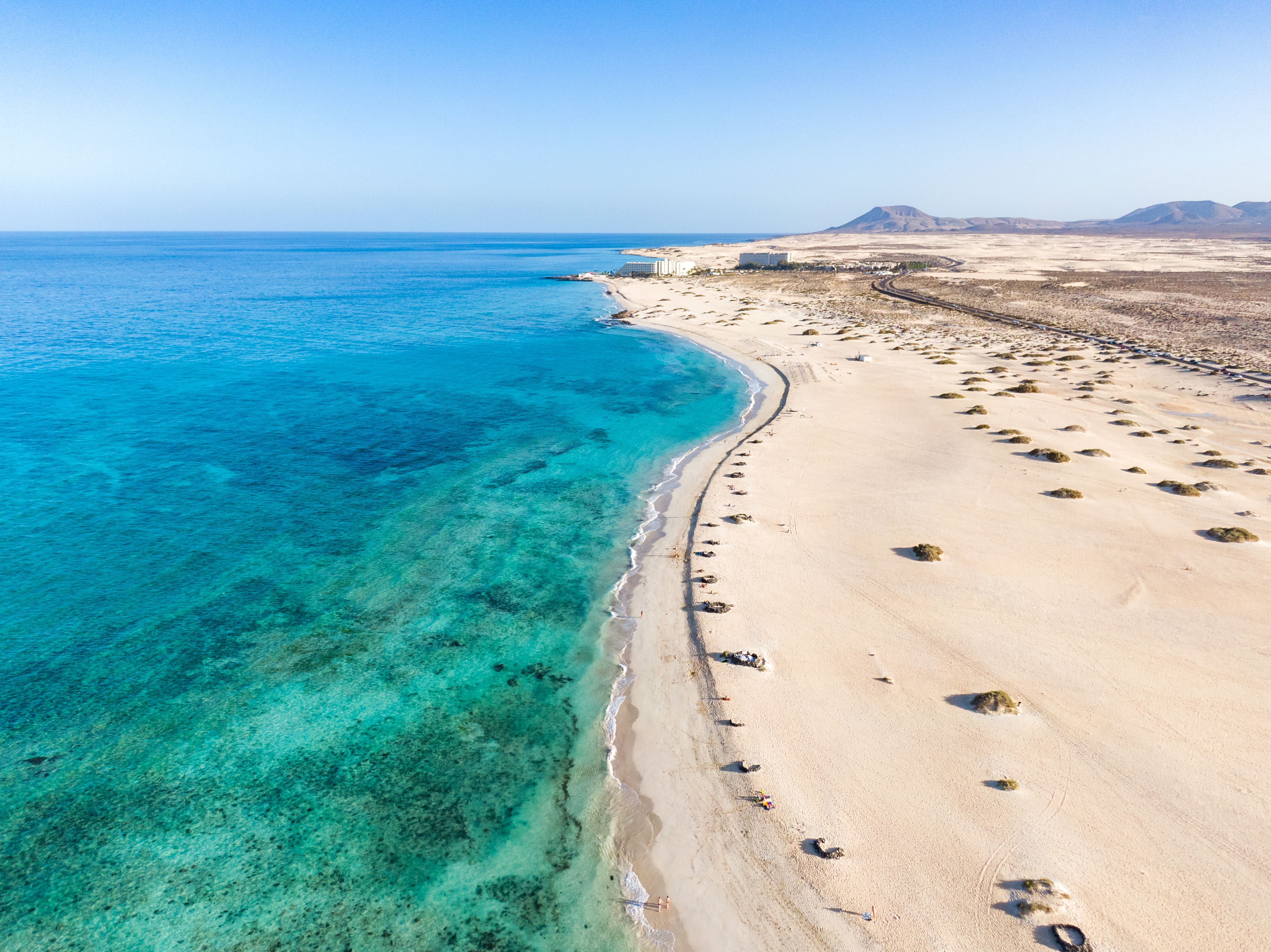 An aerial view of Corralejo beach and National Park in Fuerteventura