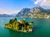 Aerial view of Loreto Island with the castle on Lake Iseo in Northern Italy