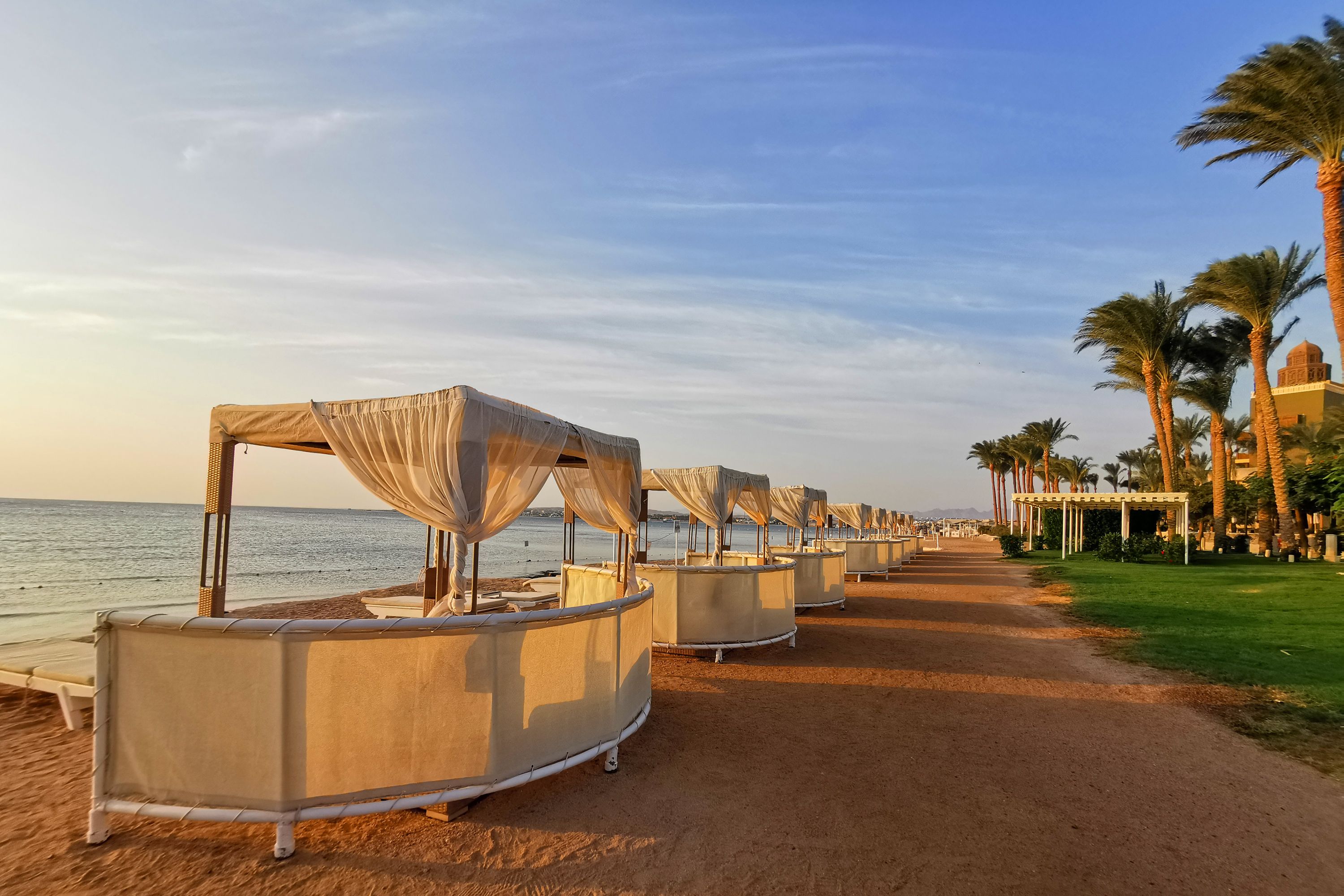 A view of Bali-style beach beds on a beach in the resort of Makadi Bay in Egypt