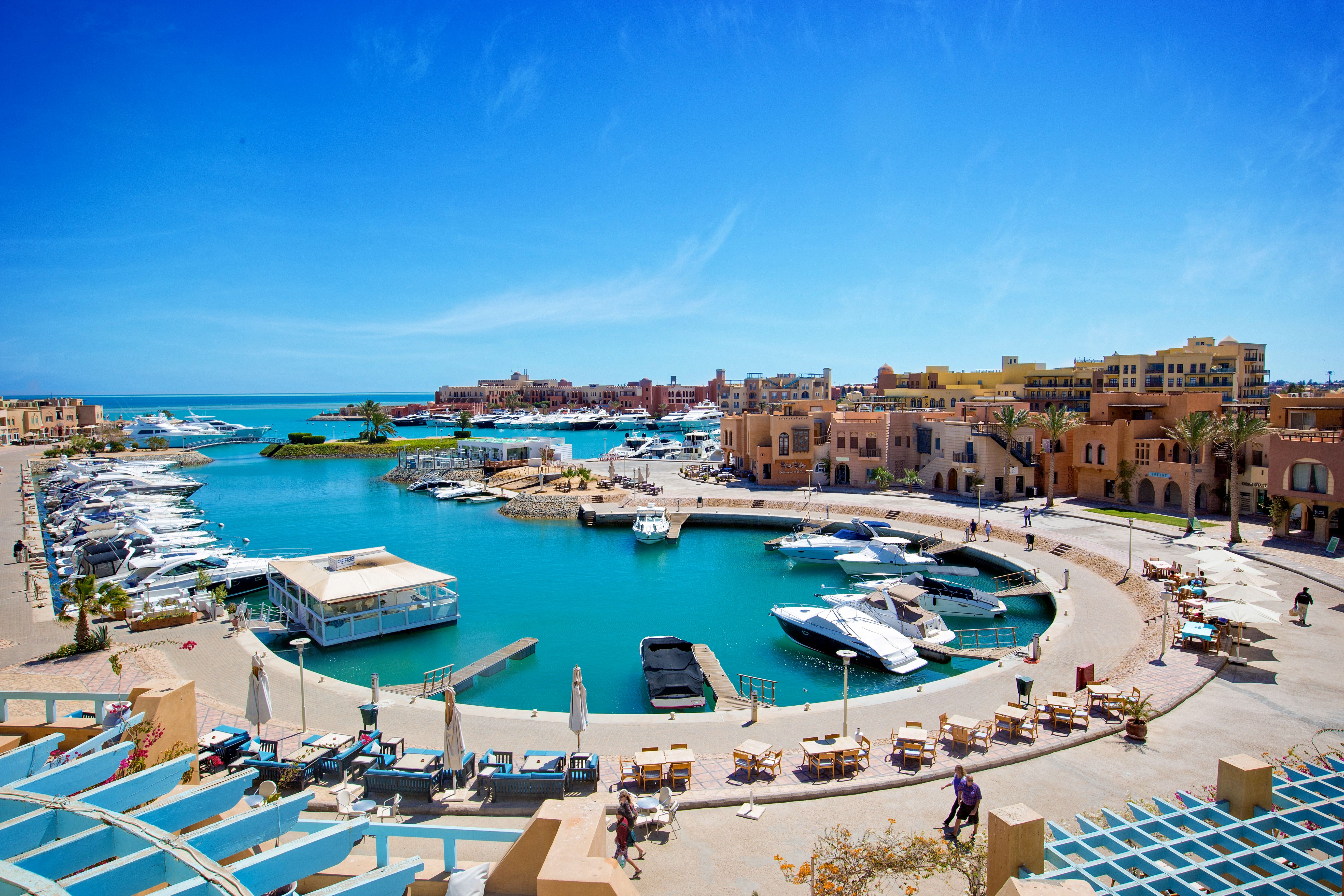 An aerial view of Abu Tig Marina on a bright sunny day in El Gouna, Egypt