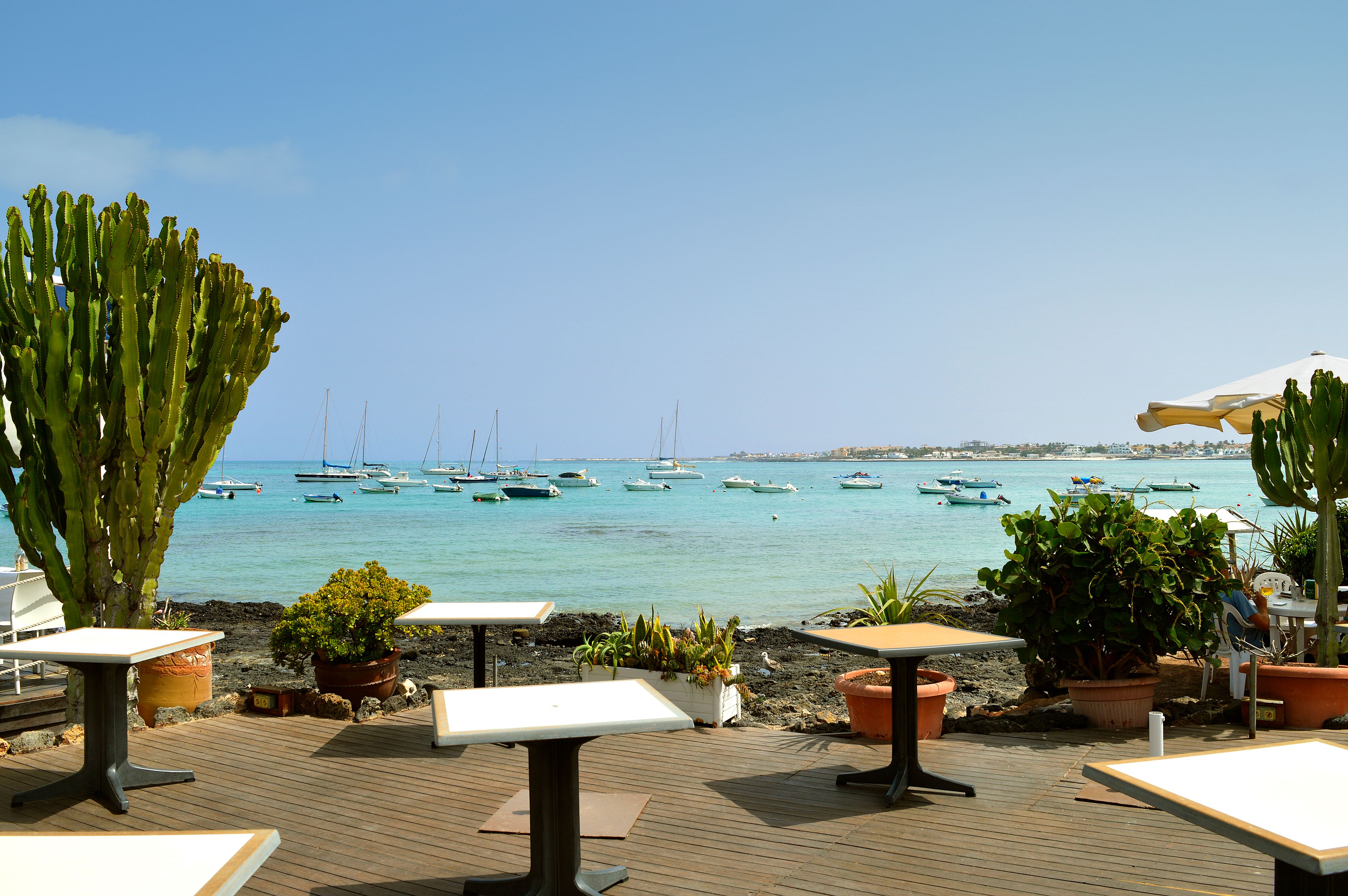 Restaurant tables overlooking the sea in Corralejo, Fuertuventura