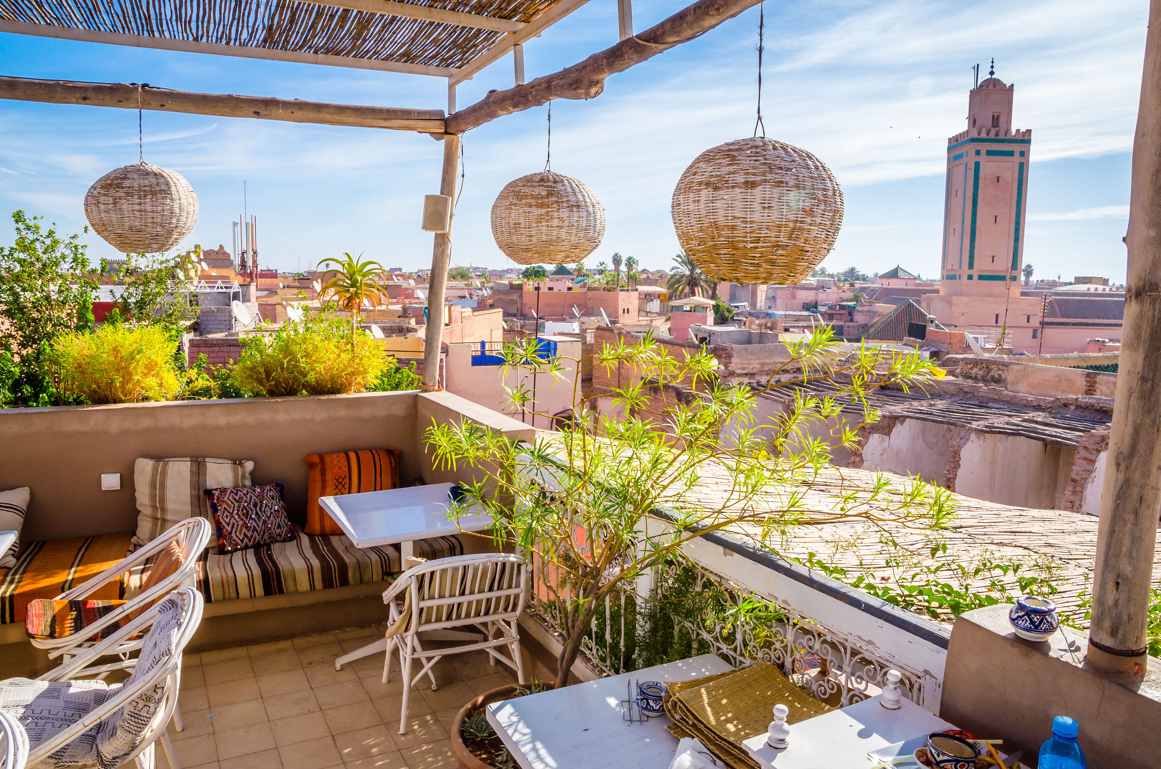 Panoramic view of Marrakesh and old Medina from a cafe terrace in Morocco