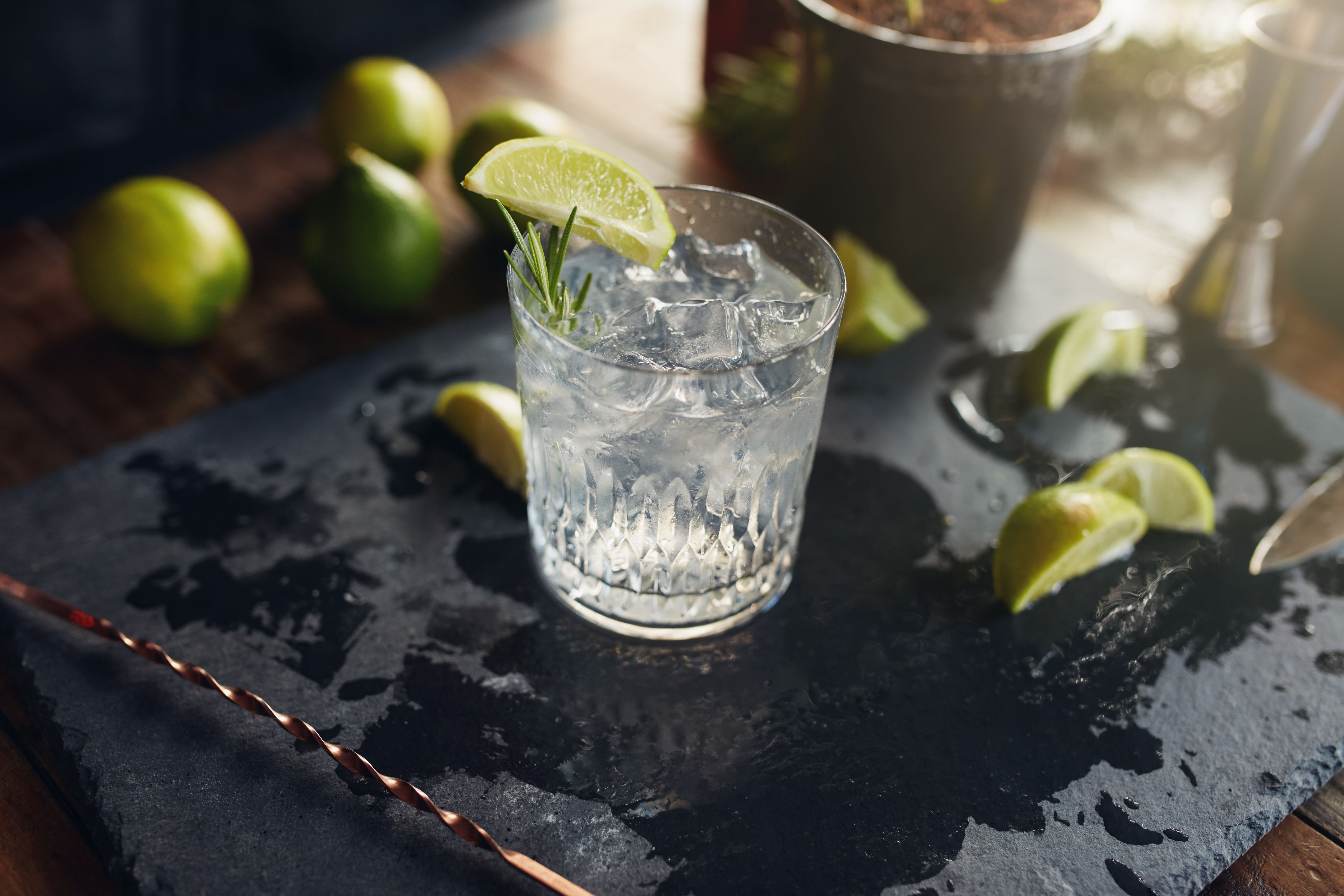 A freshly made glass of gin and tonic with ice and lime on a bar slate
