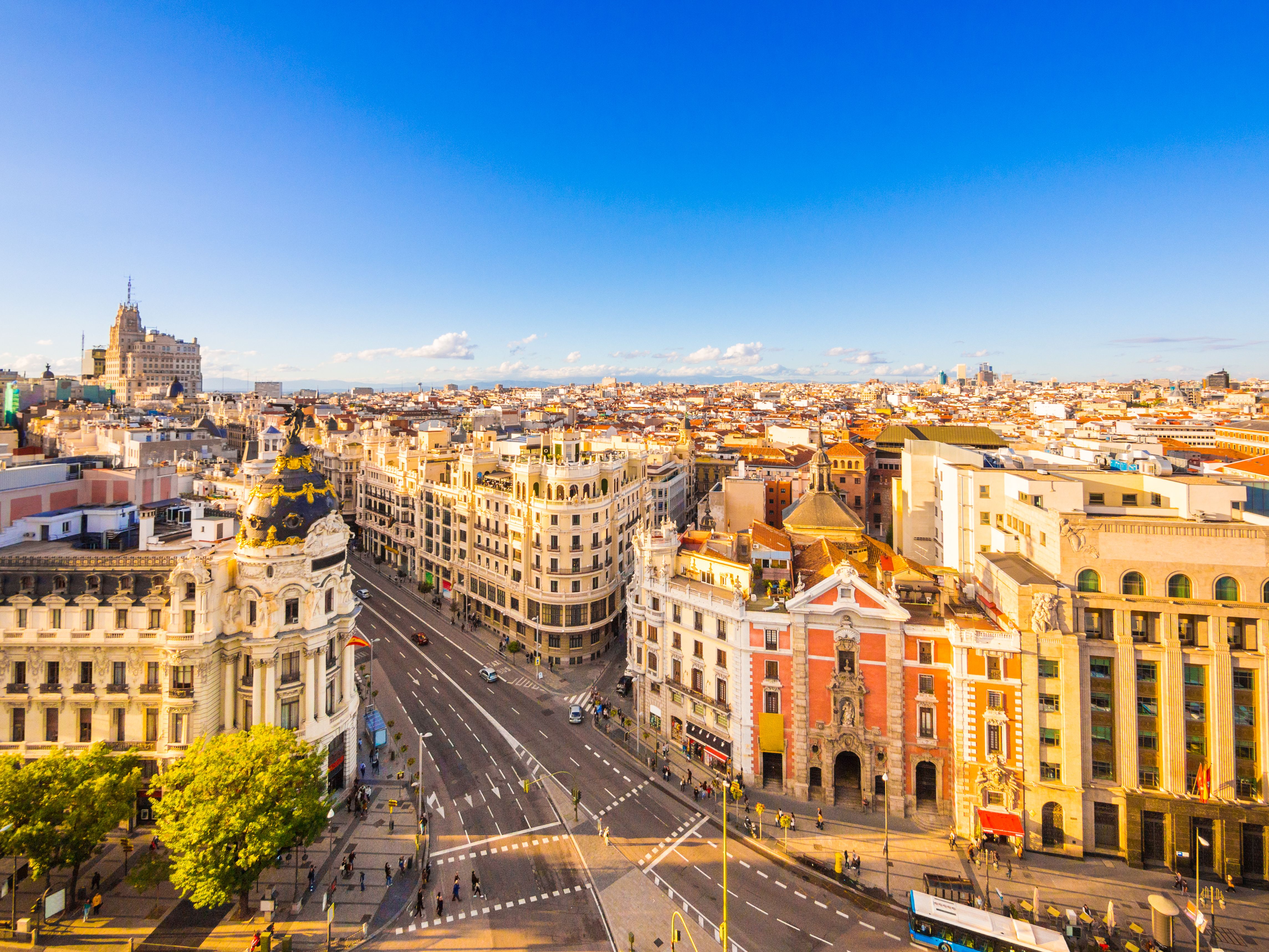 Aerial view of Madrid's famous Gran Via shopping and nightlife street