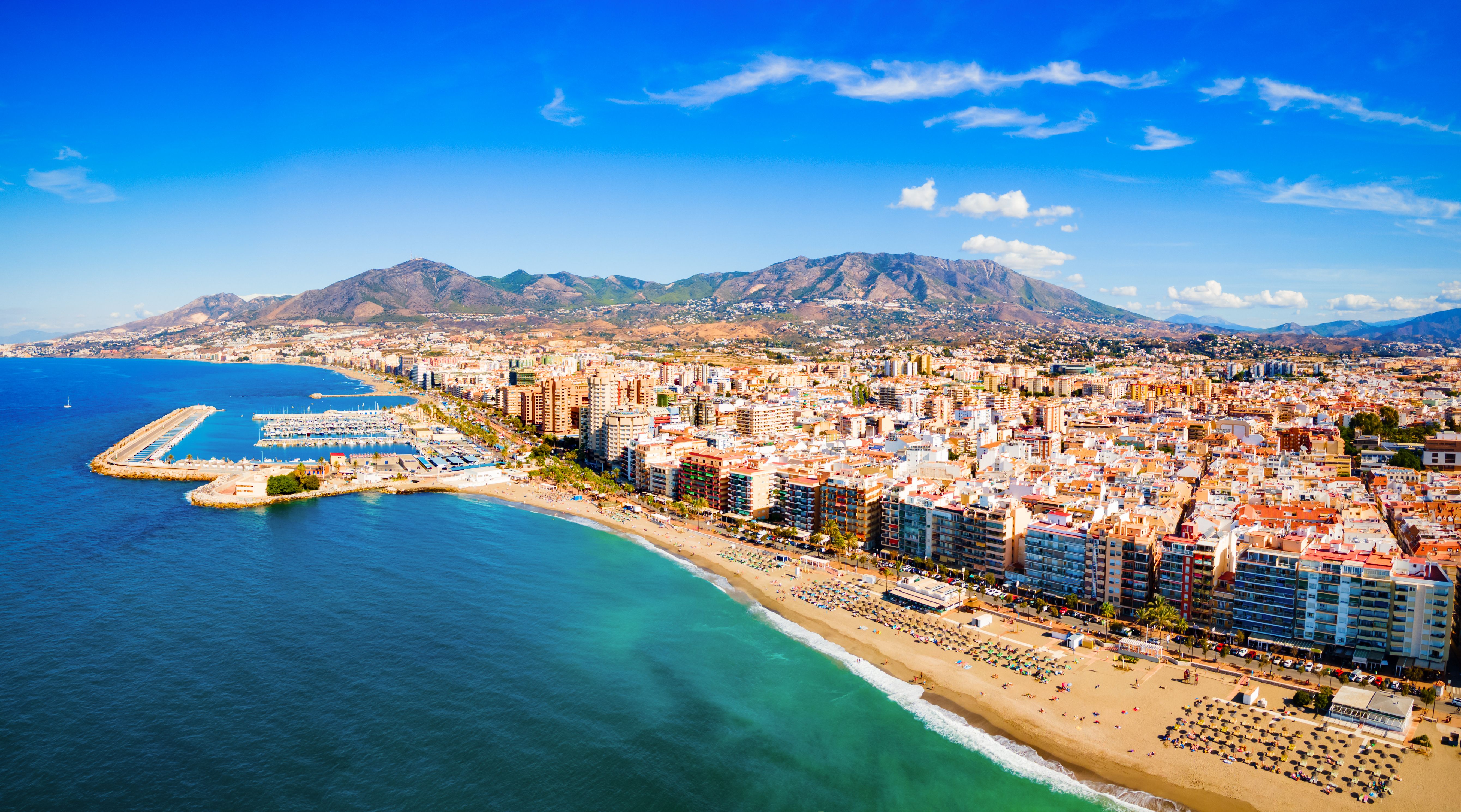 Aerial view of Fuengirola city beach and marina