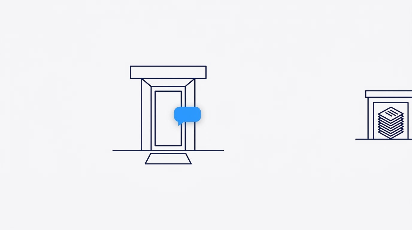 Illustration of an AI chat bubble waiting at a store's front door while the files it needs sit in a separate building far away