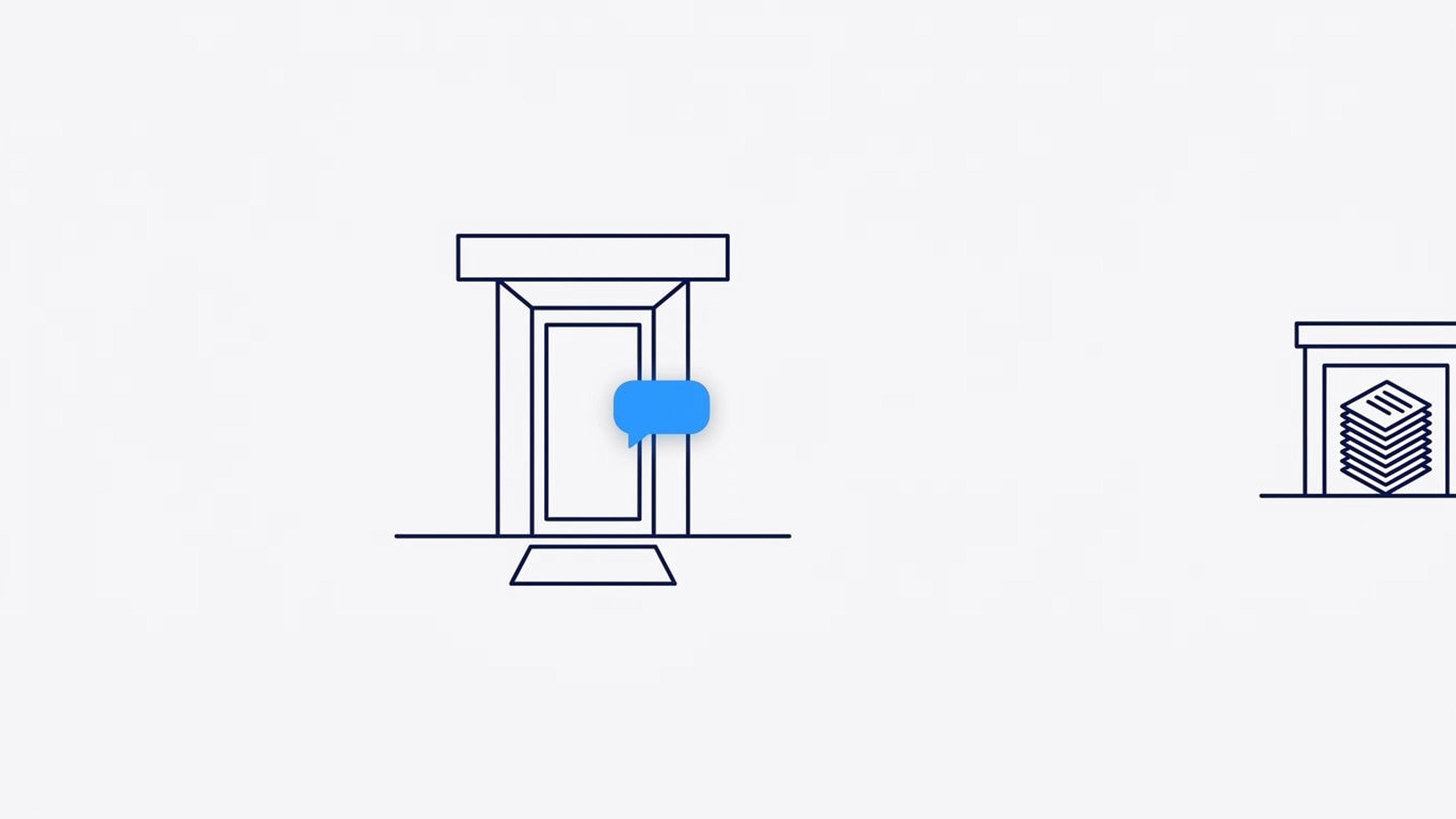 Illustration of an AI chat bubble waiting at a store's front door while the files it needs sit in a separate building far away