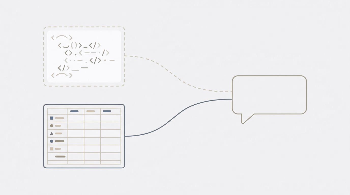 Illustration of faded code markup linked to a chat bubble by a pale dashed line, and a product data table linked to it by a solid blue line
