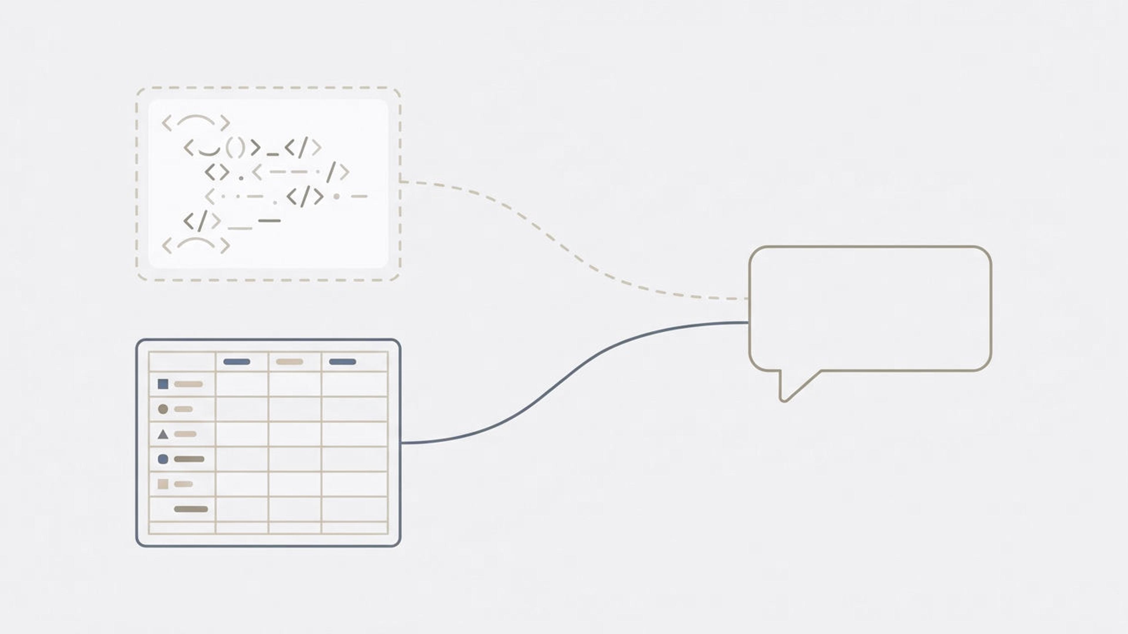 Illustration of faded code markup linked to a chat bubble by a pale dashed line, and a product data table linked to it by a solid blue line