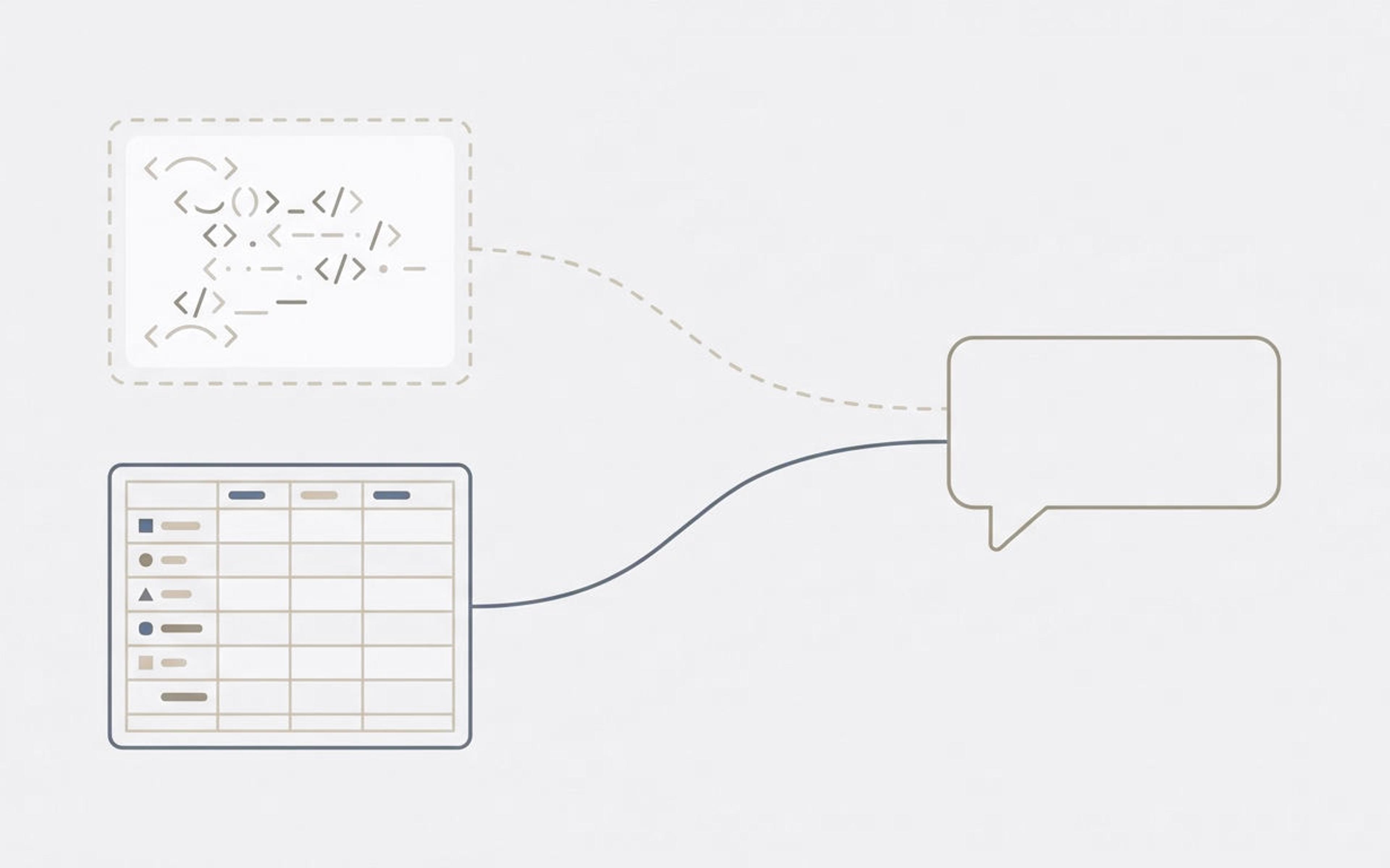 Illustration of faded code markup linked to a chat bubble by a pale dashed line, and a product data table linked to it by a solid blue line