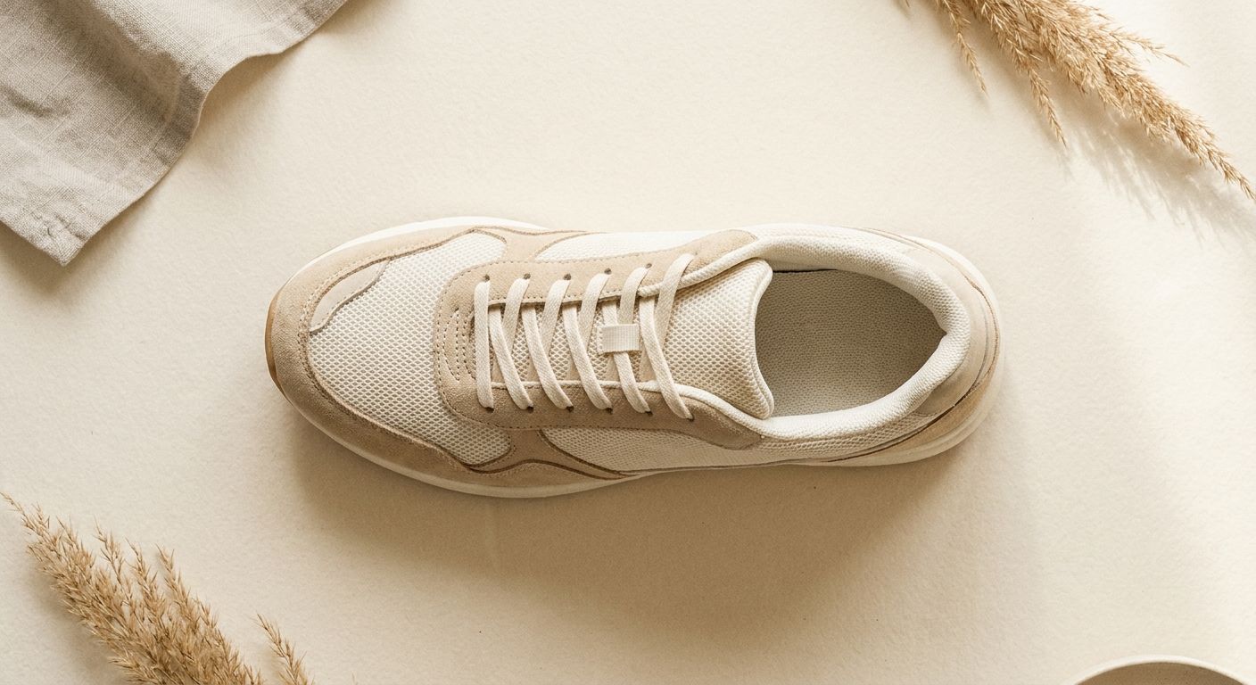 A single running shoe styled on a warm off-white background