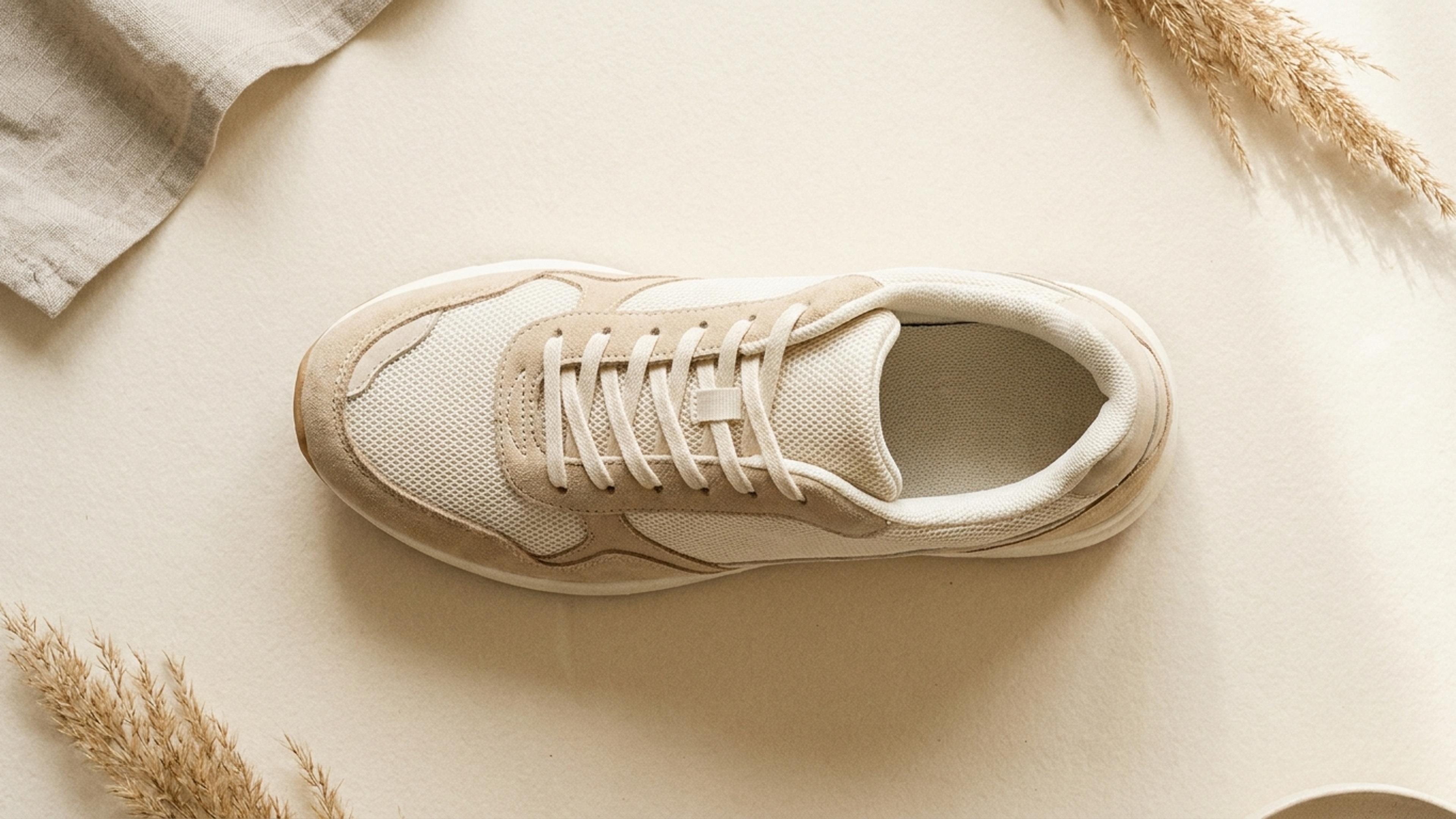 A single running shoe styled on a warm off-white background
