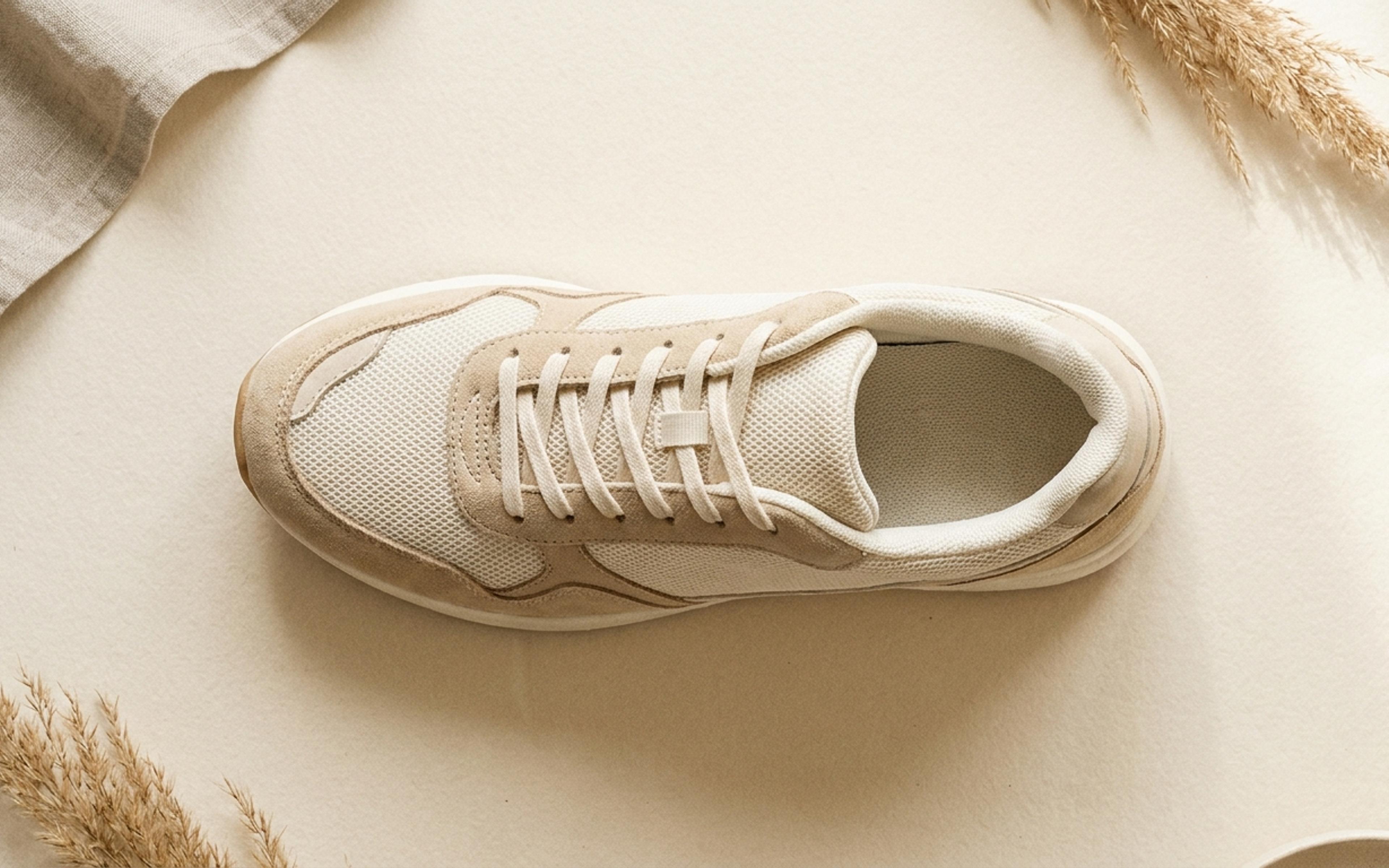 A single running shoe styled on a warm off-white background