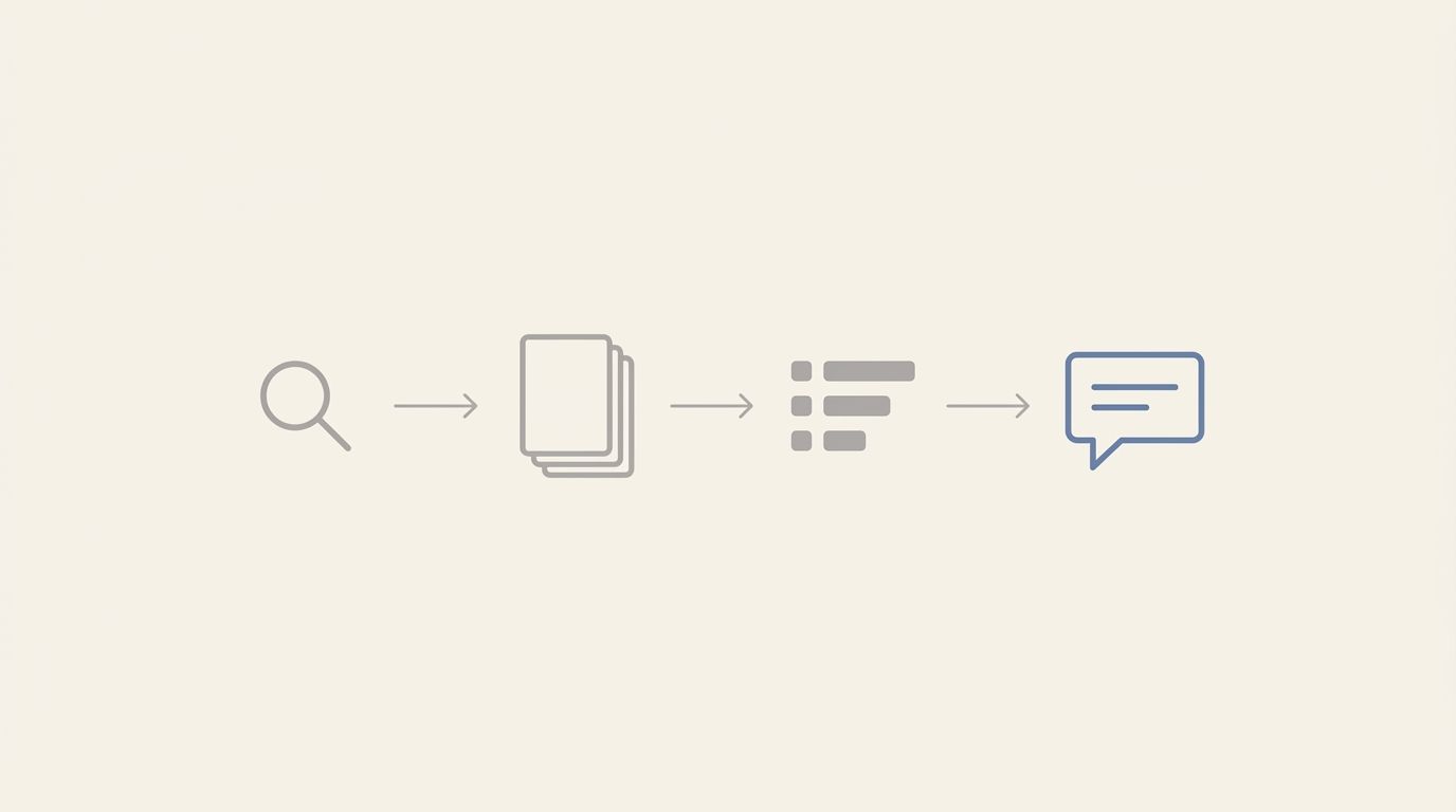 Illustration of four steps linked by arrows: a magnifying glass, a stack of pages, a ranked list, and a chat bubble
