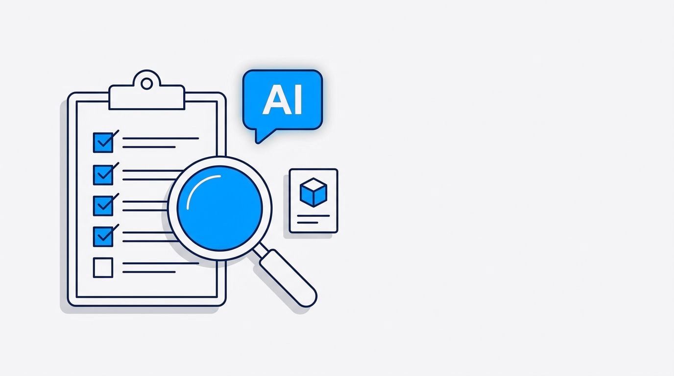Illustration of a checklist with ticked boxes and a magnifying glass over a product card, next to an AI chat bubble