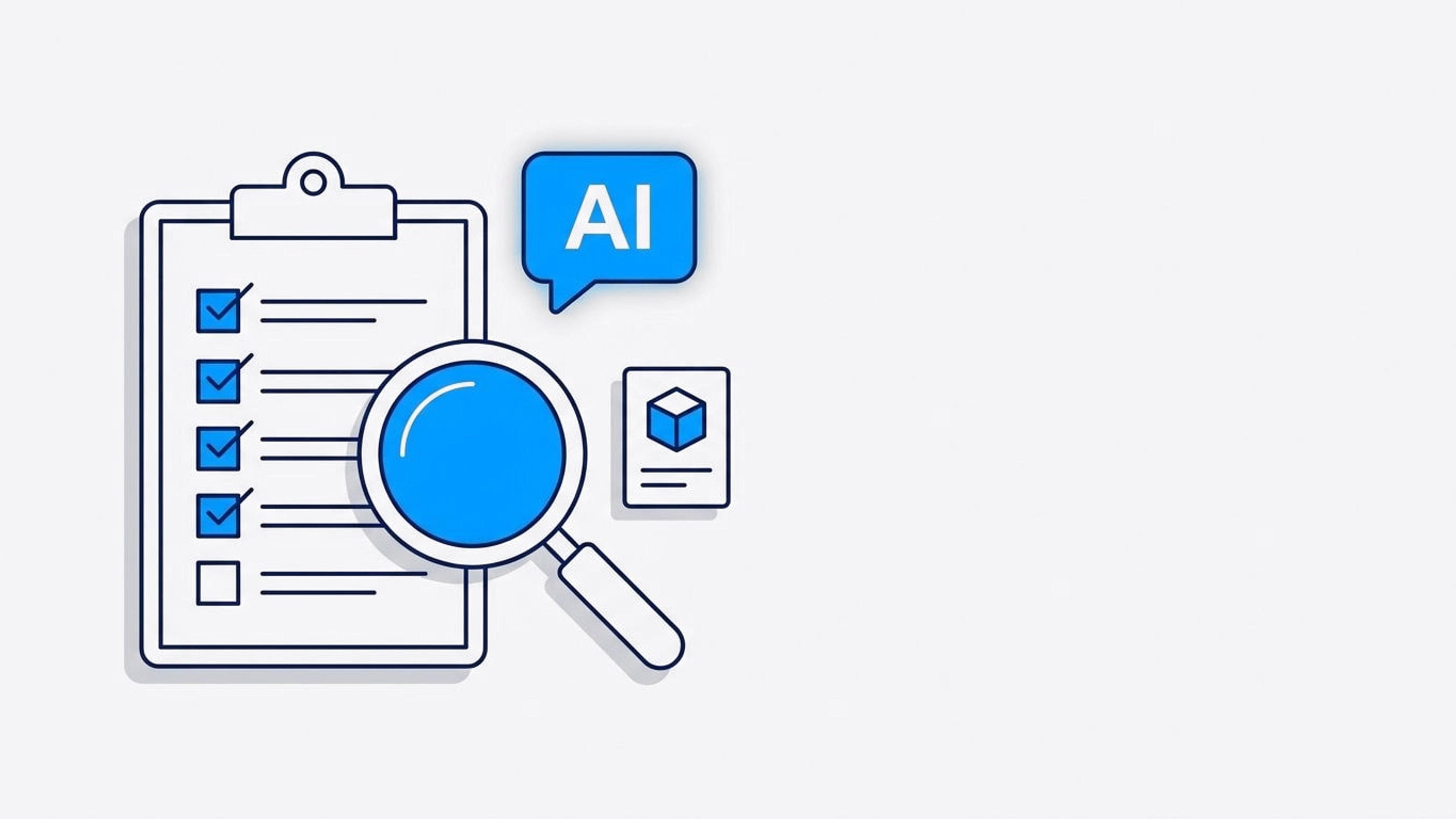 Illustration of a checklist with ticked boxes and a magnifying glass over a product card, next to an AI chat bubble