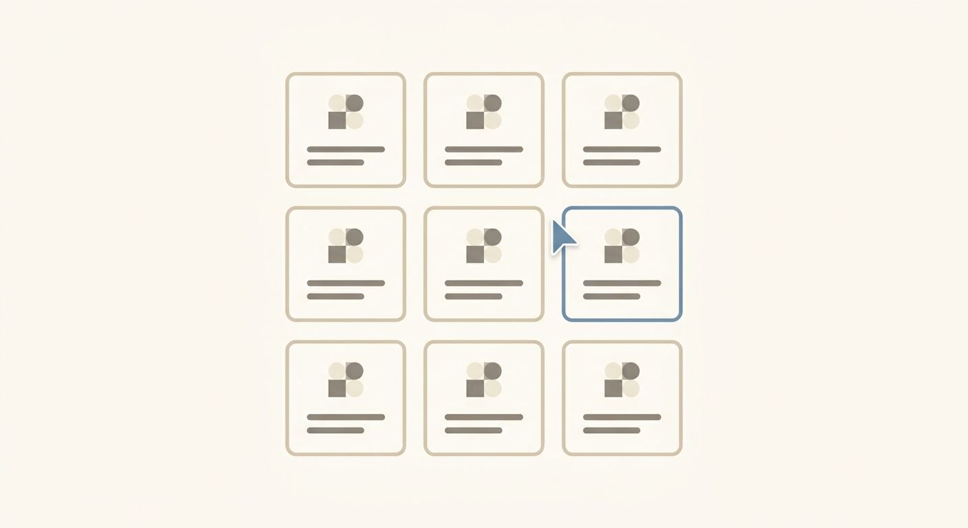 Illustration of a grid of product tiles with one tile selected