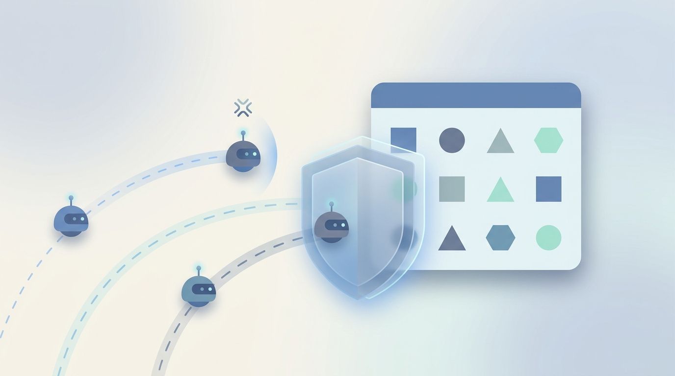 Illustration of small robot crawlers approaching a store's product grid, with a shield in front letting some through and stopping one