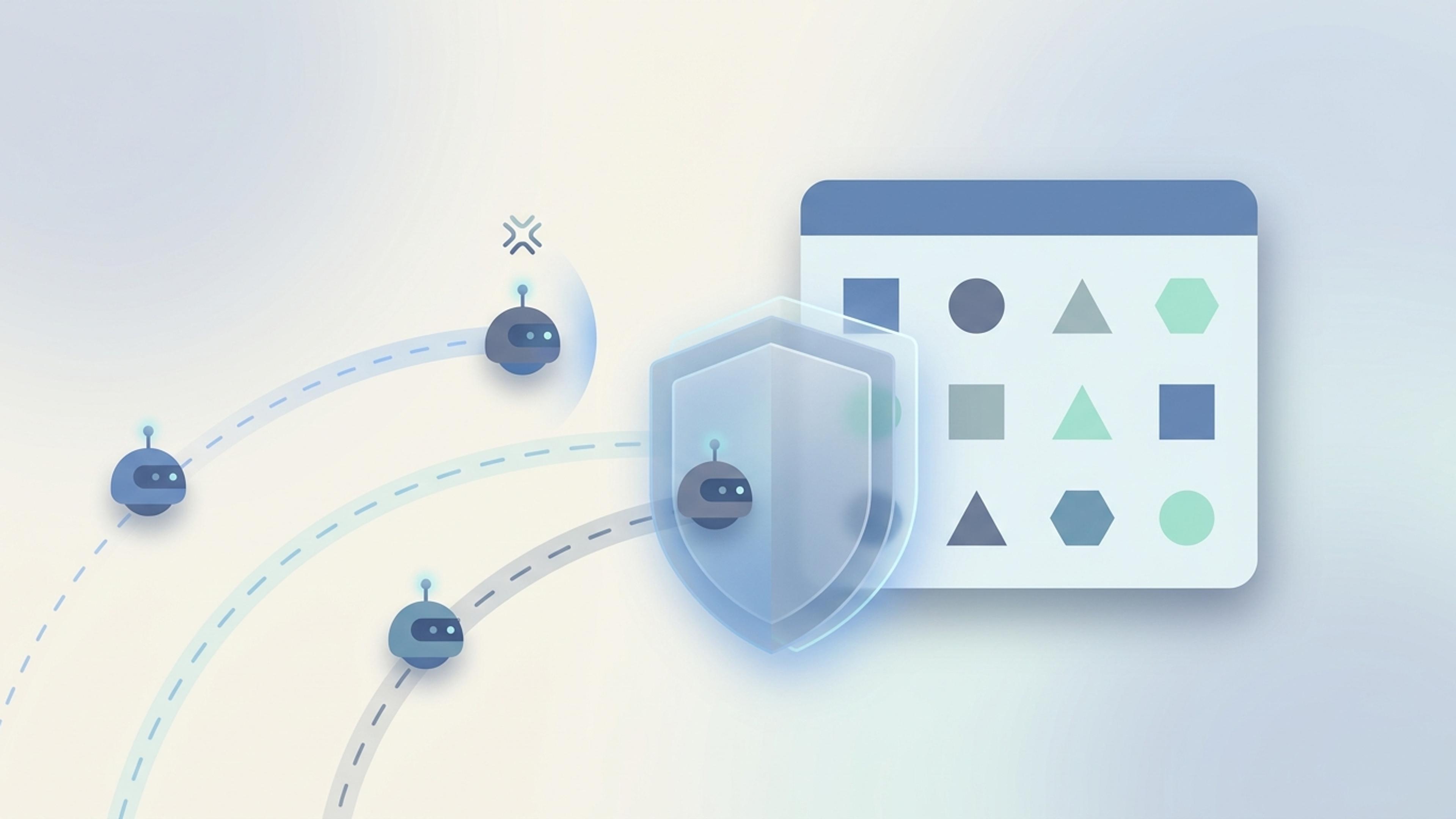 Illustration of small robot crawlers approaching a store's product grid, with a shield in front letting some through and stopping one